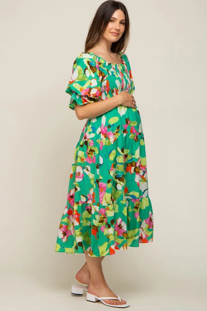 Green Floral Puff Sleeve Maternity Midi Dress sold by Pinkblush product image thumbnail 3