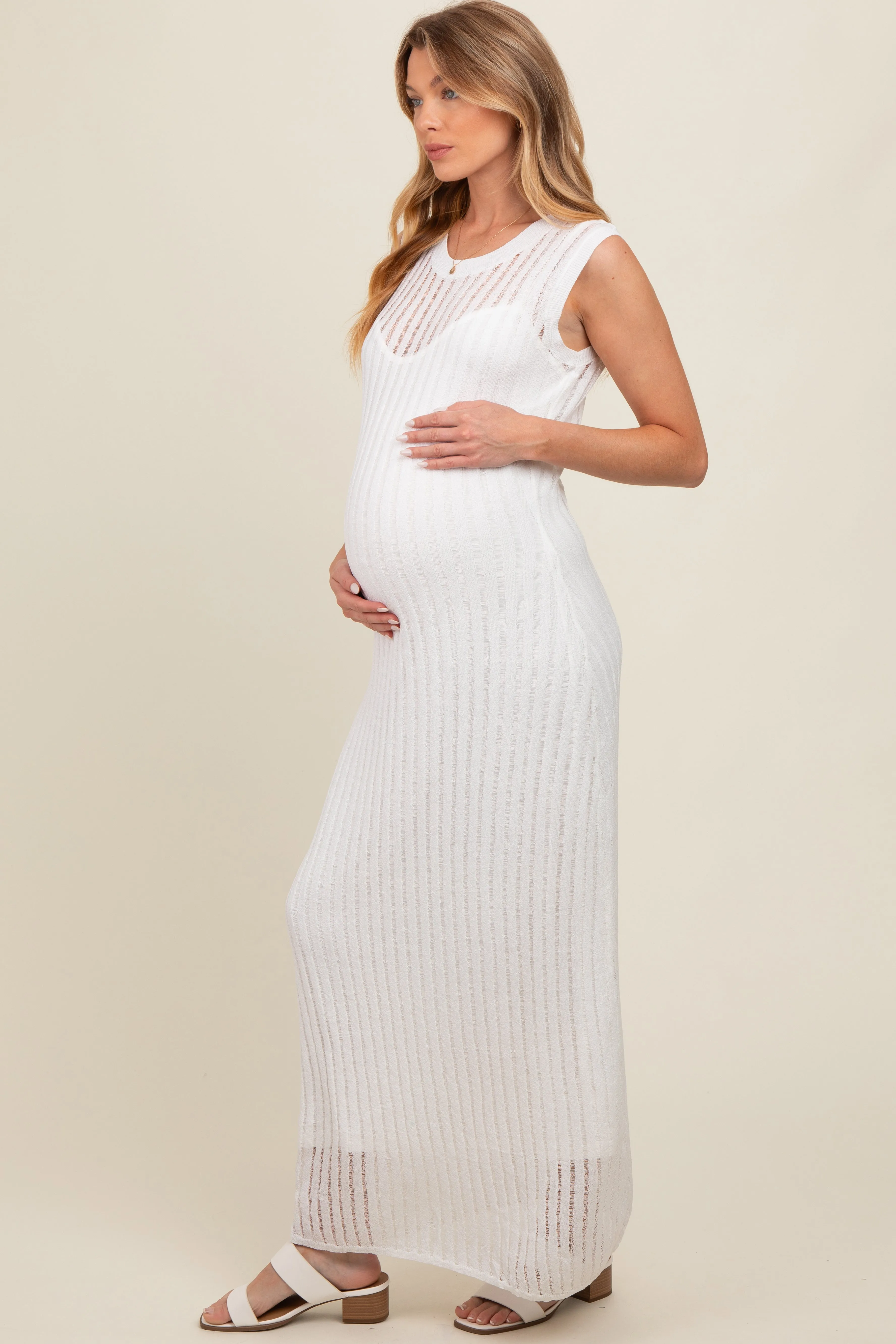 White Sheer Knit Layered Maternity Maxi Dress sold by Pinkblush product image thumbnail 2