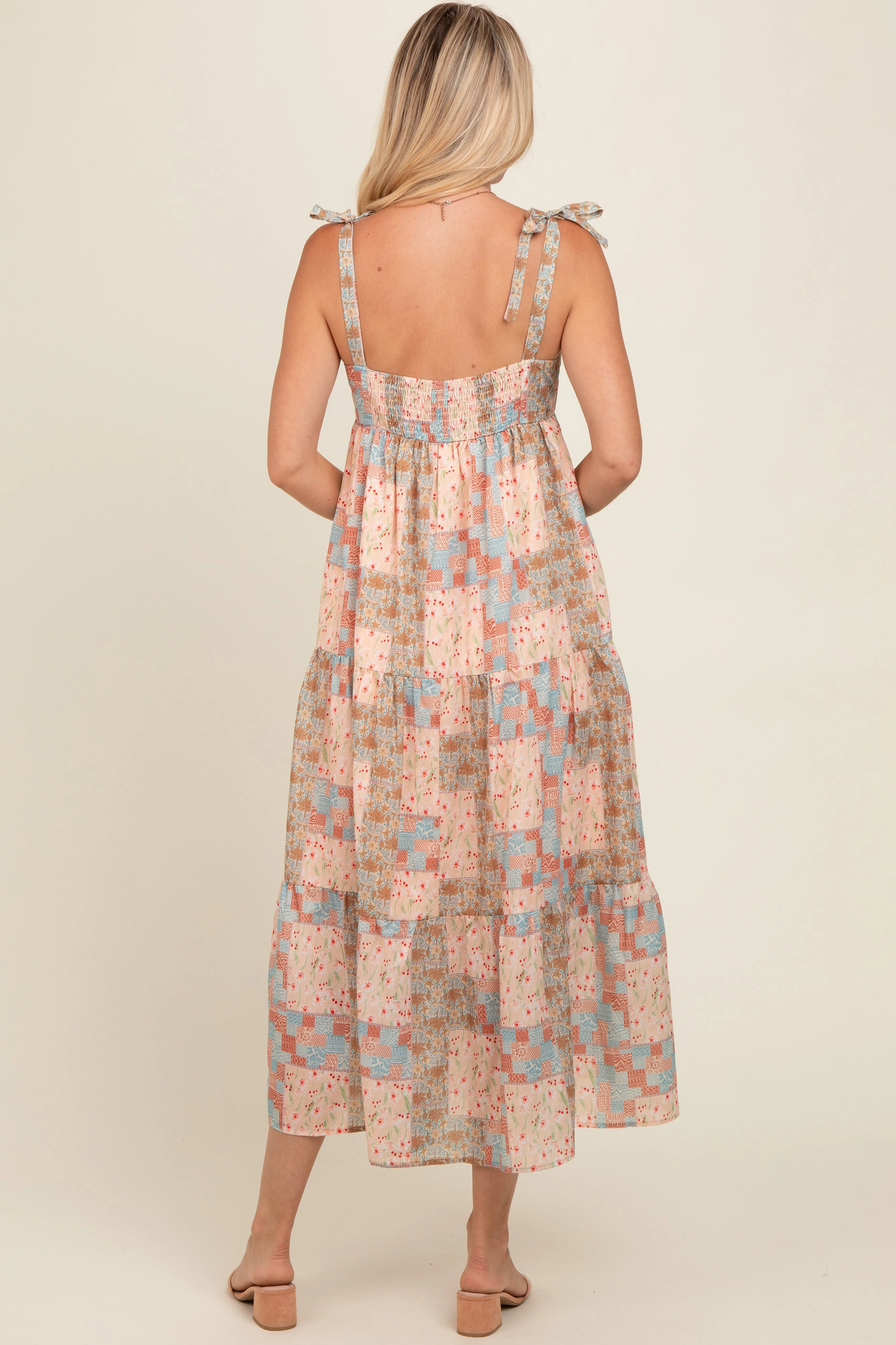 Peach Patchwork Print Shoulder Tie Tiered Midi Dress sold by Pinkblush product image thumbnail 4