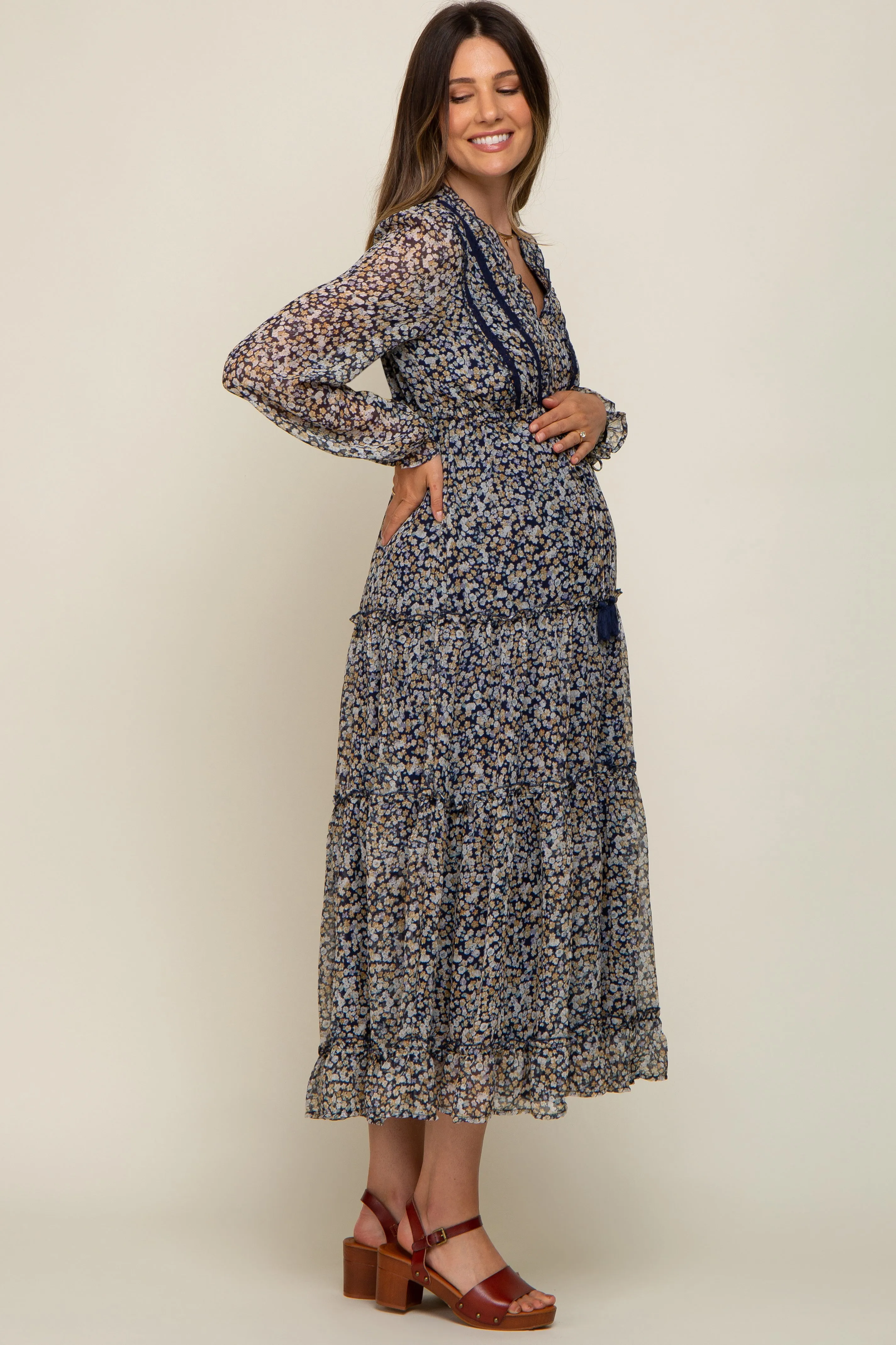 Navy Floral Ruffle Accent Tiered Maternity Midi Dress sold by Pinkblush product image thumbnail 2