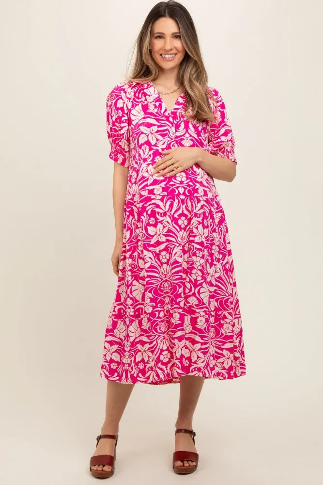 Fuchsia Floral V-Neck Tiered Maternity Midi Dress sold by Pinkblush