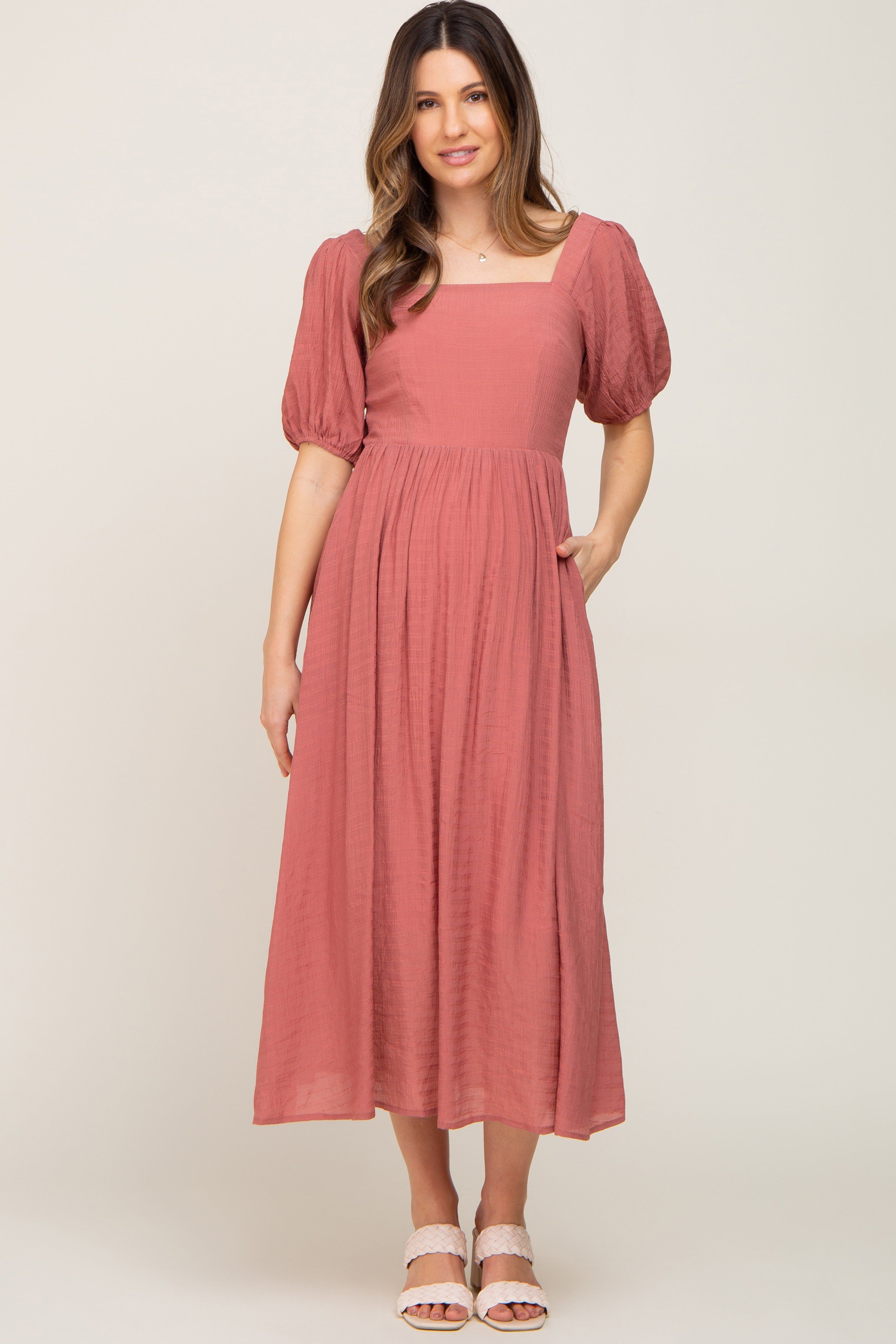 Mauve Striped Puff Sleeve Maternity Midi Dress sold by Pinkblush product image thumbnail 4