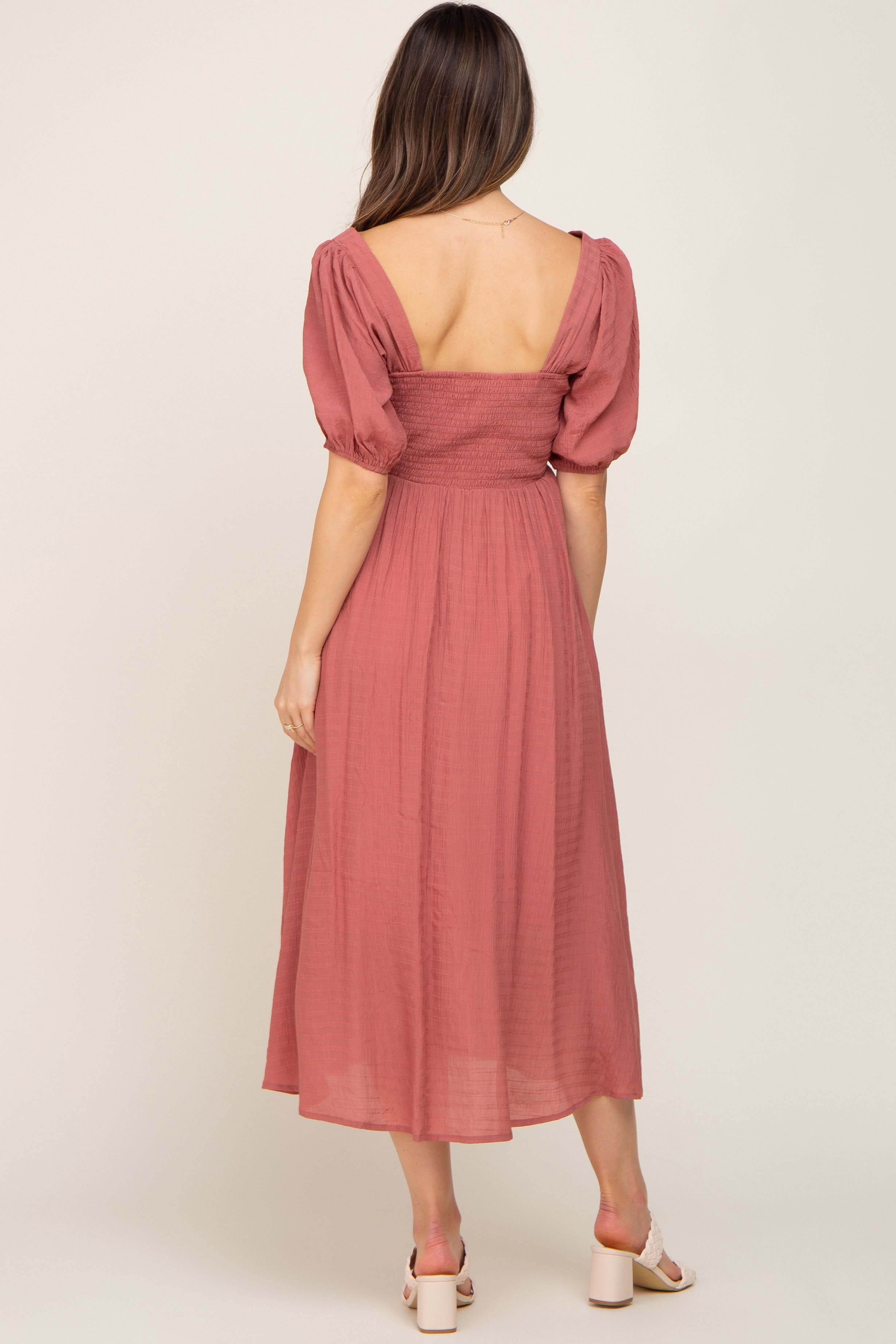 Mauve Striped Puff Sleeve Maternity Midi Dress sold by Pinkblush product image thumbnail 3