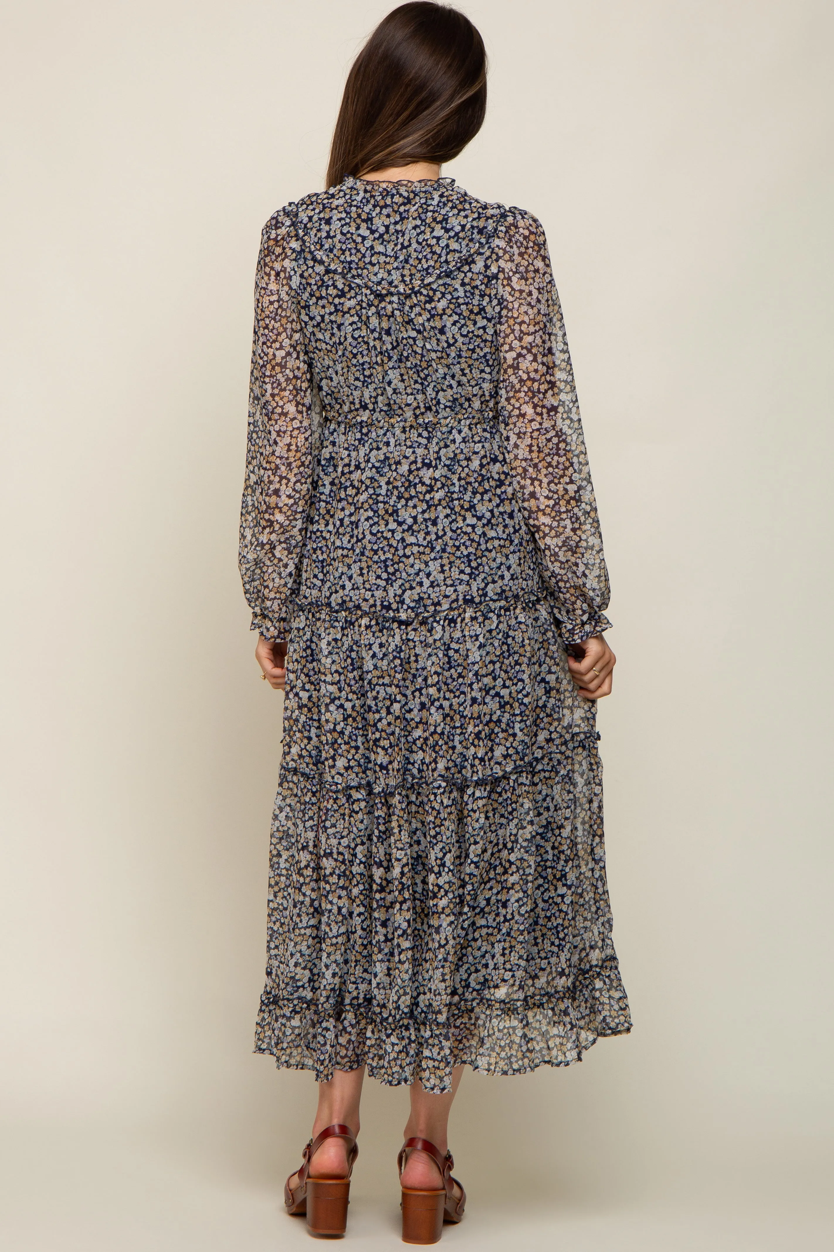 Navy Floral Ruffle Accent Tiered Maternity Midi Dress sold by Pinkblush product image thumbnail 3