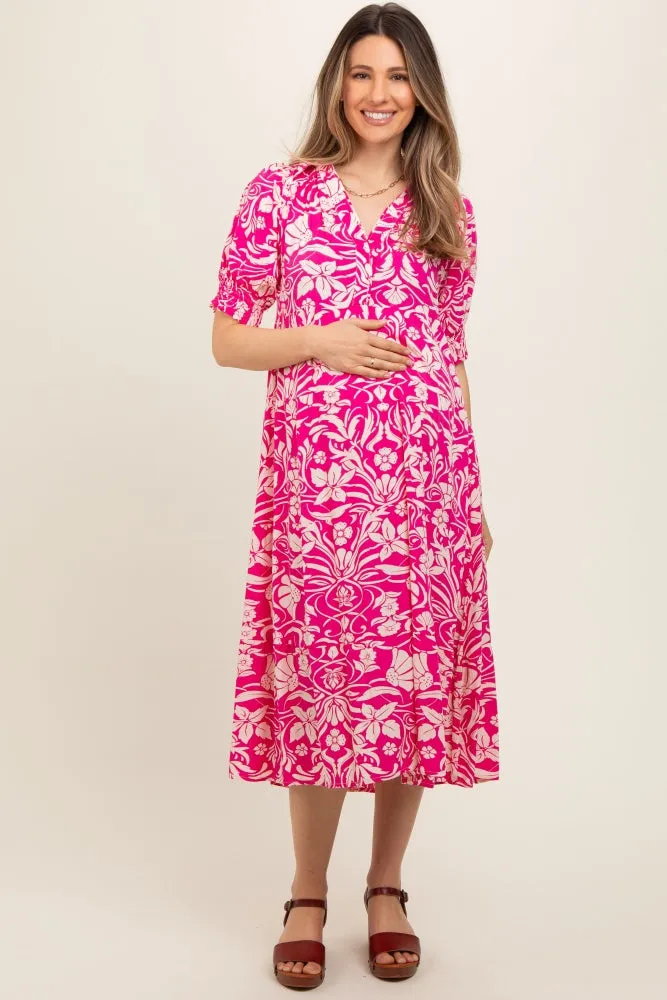 Fuchsia Floral V-Neck Tiered Maternity Midi Dress sold by Pinkblush product image thumbnail 2