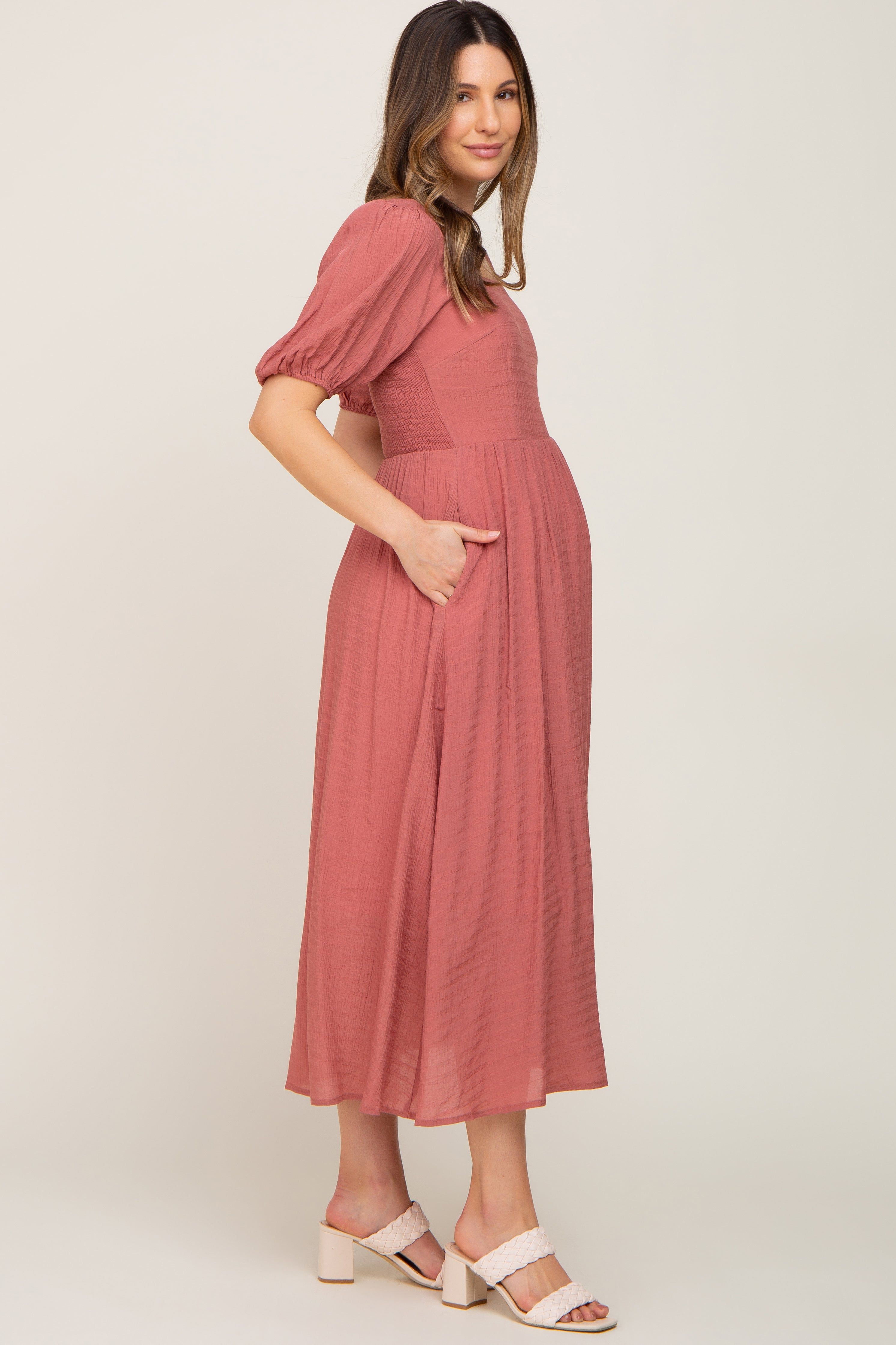 Mauve Striped Puff Sleeve Maternity Midi Dress sold by Pinkblush product image thumbnail 2