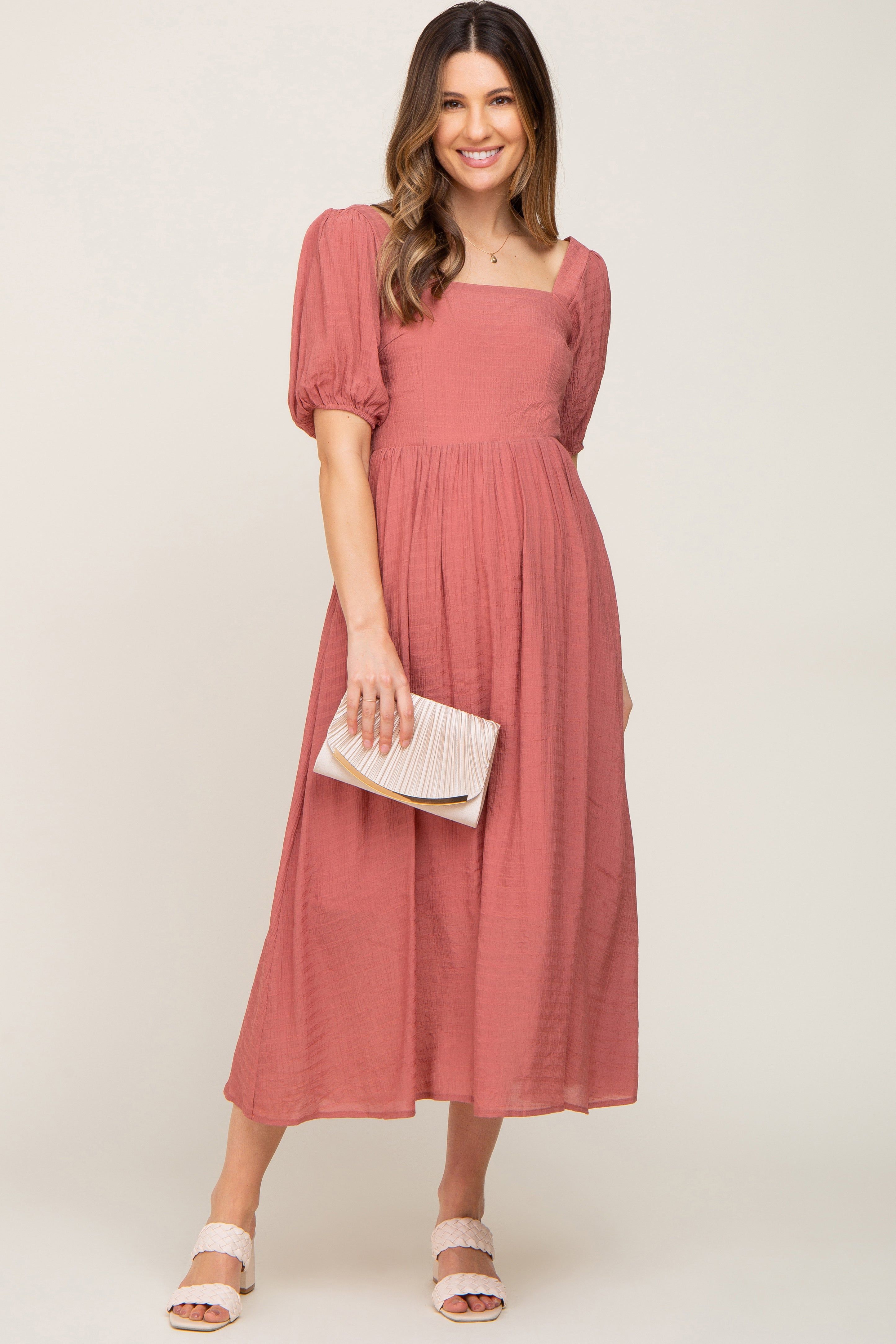 Mauve Striped Puff Sleeve Maternity Midi Dress sold by Pinkblush