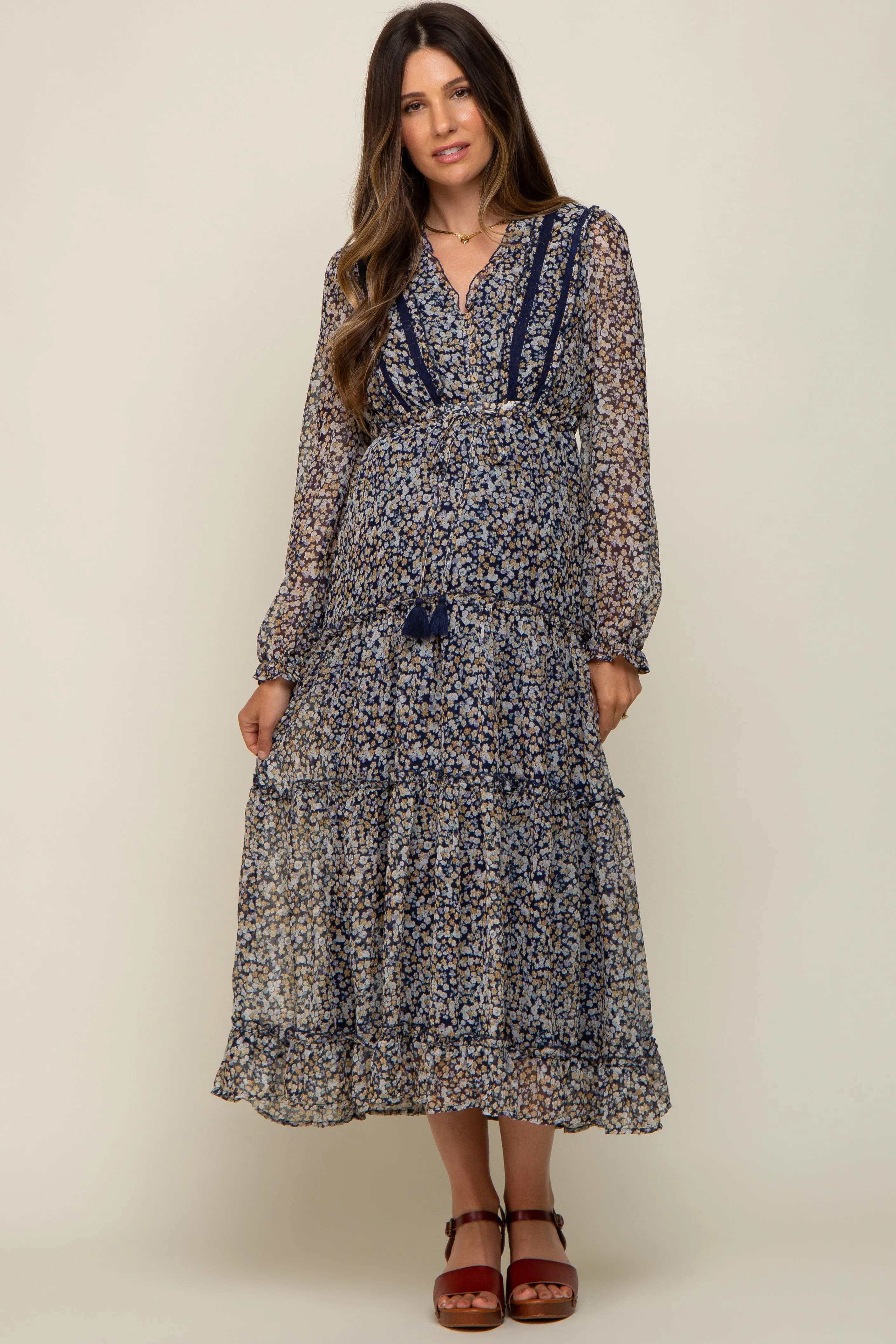Navy Floral Ruffle Accent Tiered Maternity Midi Dress sold by Pinkblush product image thumbnail 4