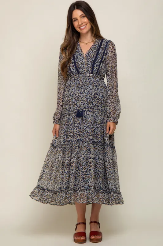 Navy Floral Ruffle Accent Tiered Maternity Midi Dress sold by Pinkblush