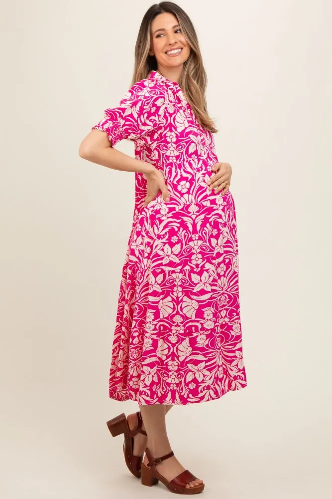 Fuchsia Floral V-Neck Tiered Maternity Midi Dress sold by Pinkblush product image thumbnail 3