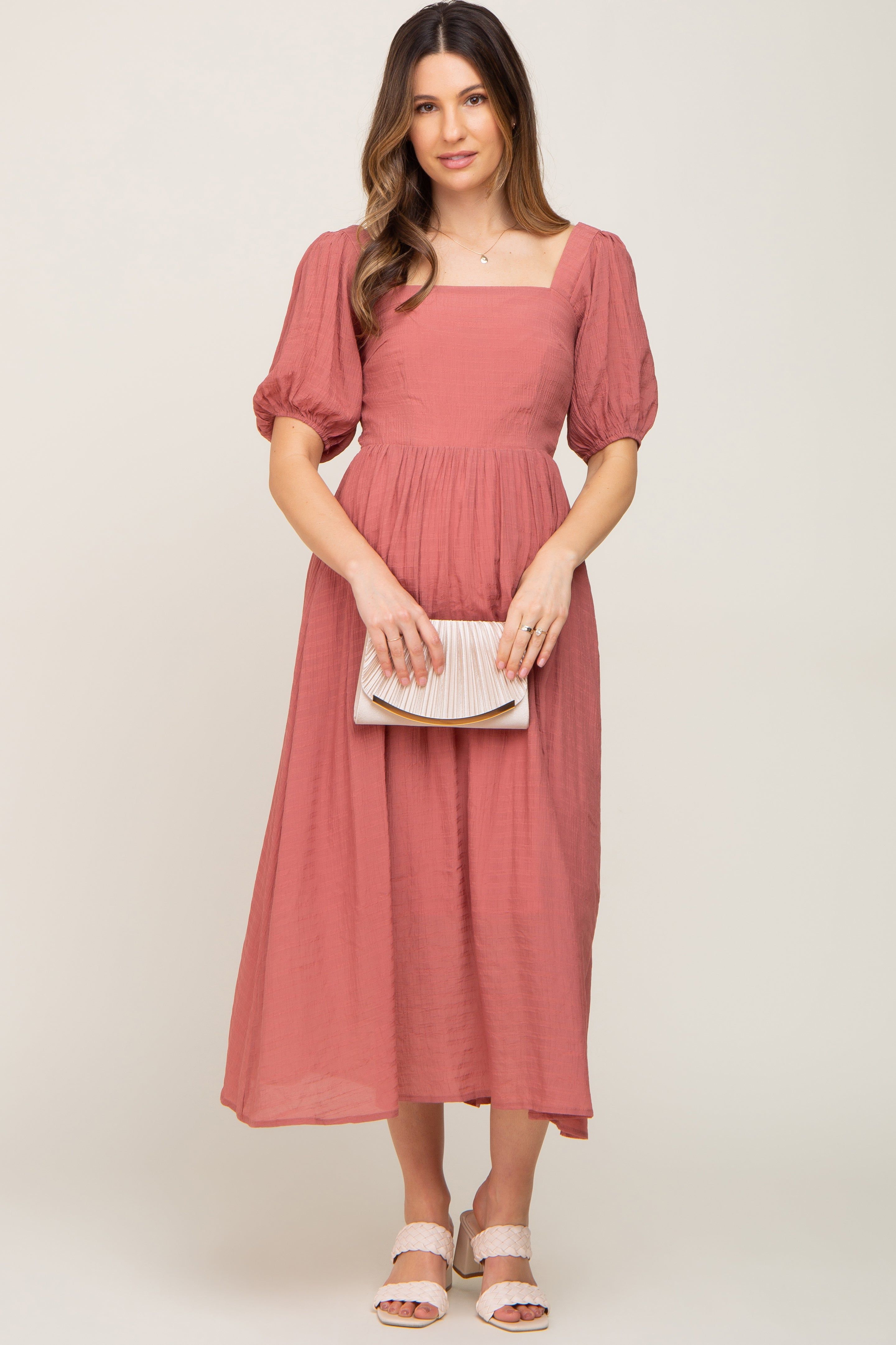 Mauve Striped Puff Sleeve Maternity Midi Dress sold by Pinkblush product image thumbnail 5