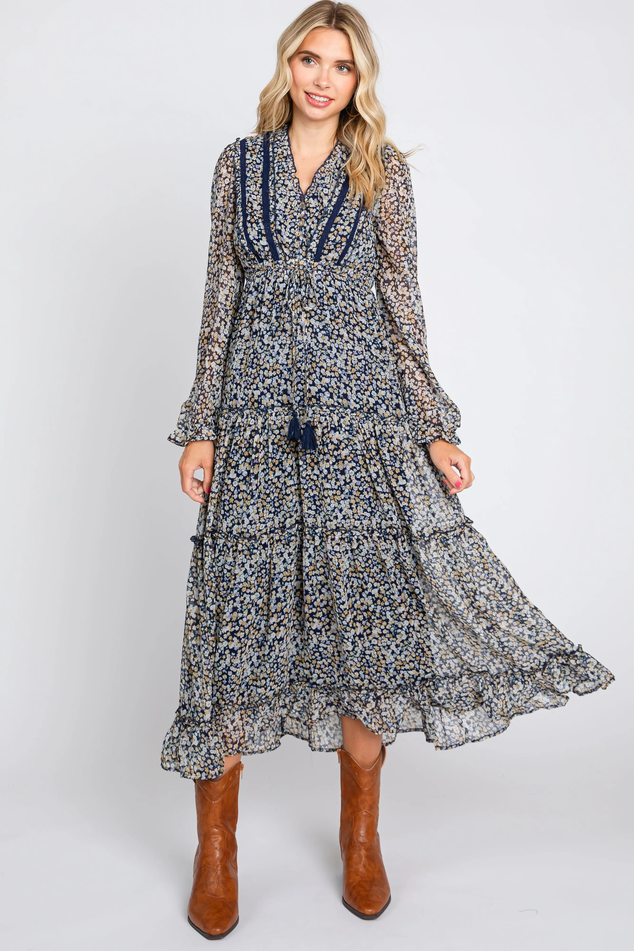 Navy Floral Ruffle Accent Tiered Maternity Midi Dress sold by Pinkblush product image thumbnail 5