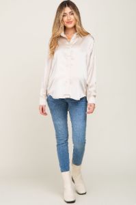 Beige Satin Button Down Long Sleeve Maternity Top sold by Pinkblush
