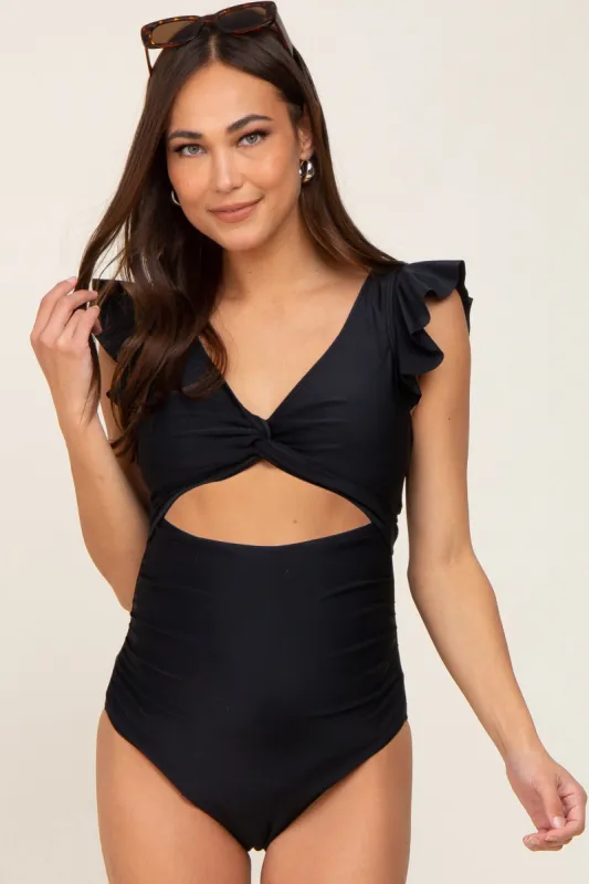 Black Cutout Flutter One Piece Maternity Swimsuit sold by Pinkblush
