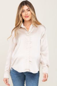 Beige Satin Button Down Long Sleeve Maternity Top sold by Pinkblush