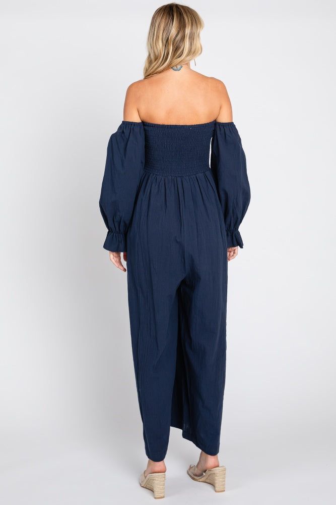 Navy Linen Smocked Off Shoulder Wide Leg Jumpsuit sold by Pinkblush product image thumbnail 3