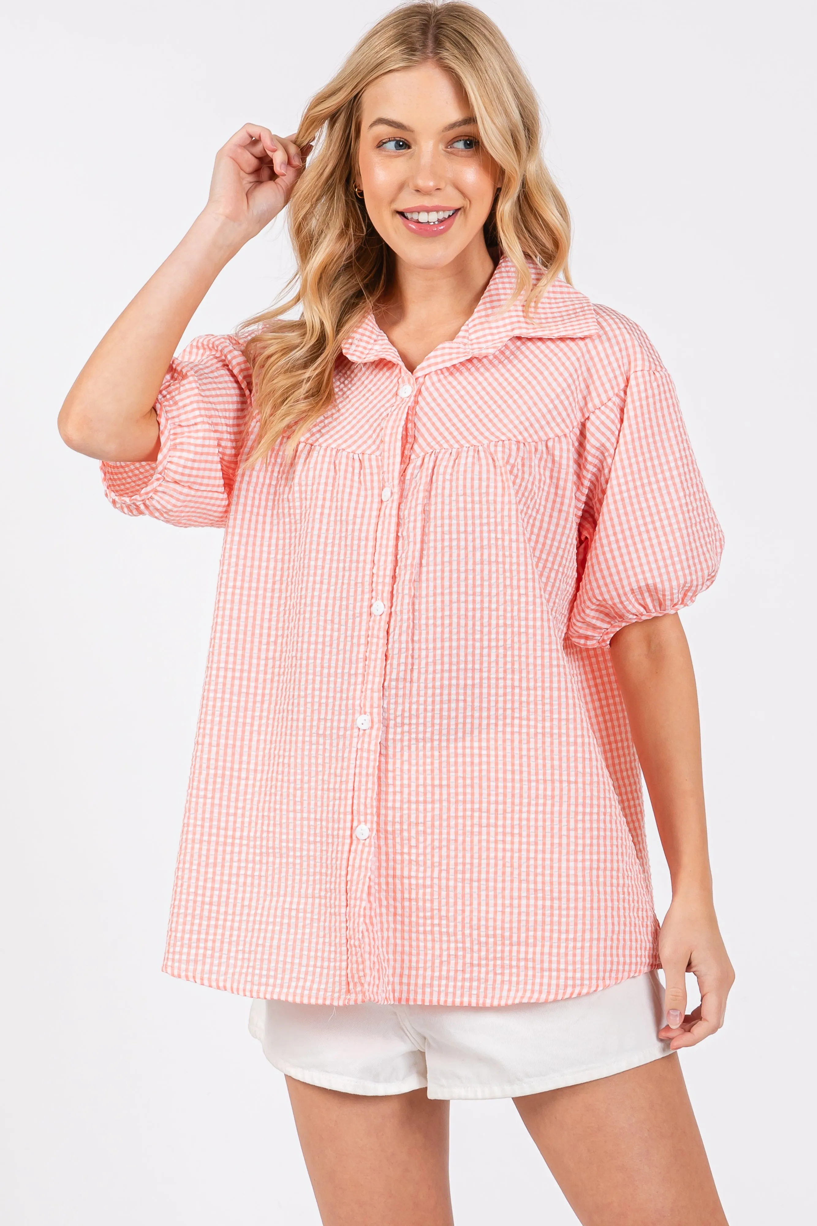 Peach Plaid Button Down Maternity Top sold by Pinkblush product image thumbnail 4