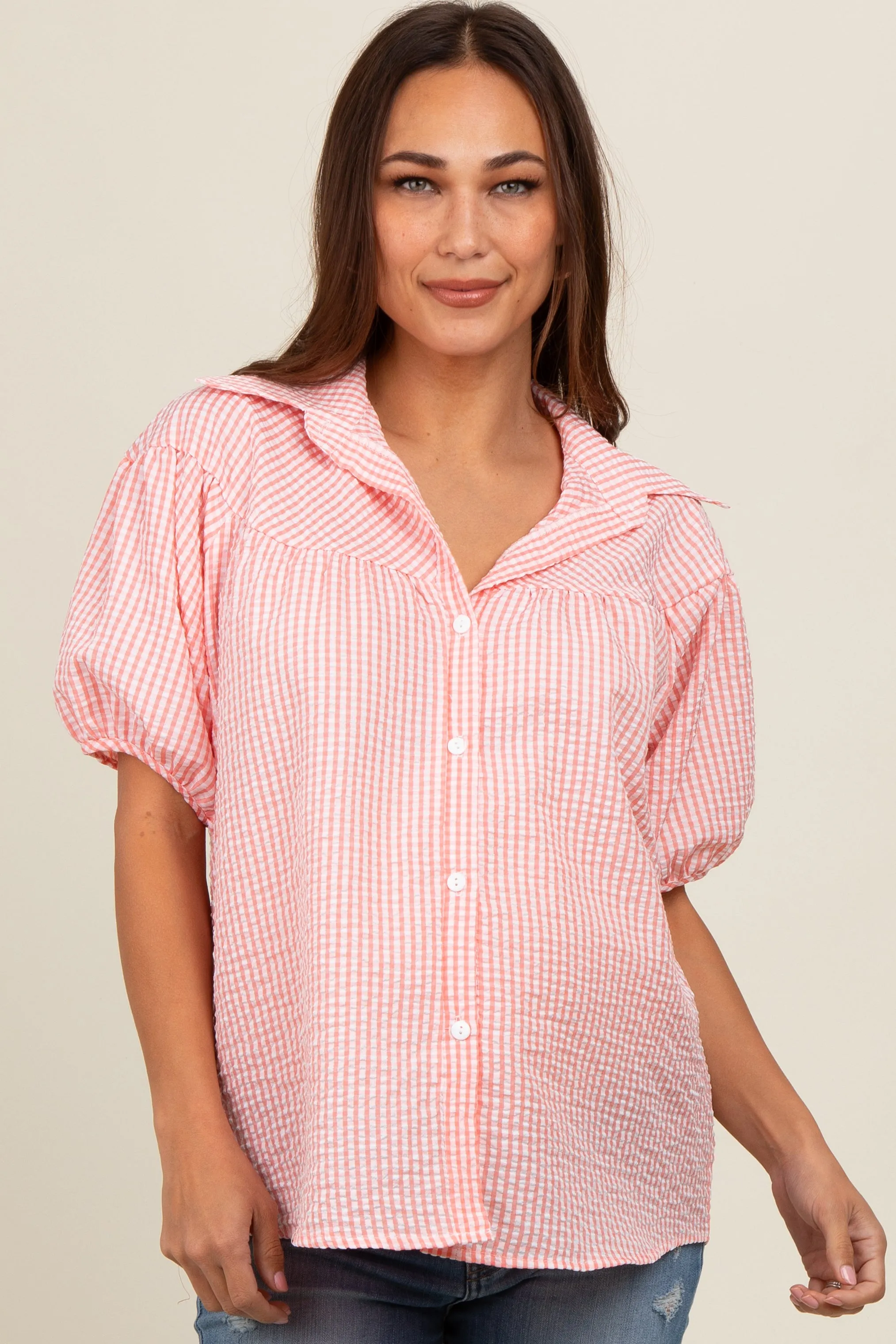 Peach Plaid Button Down Maternity Top sold by Pinkblush