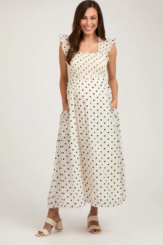 Ivory Polka Dot Smocked Maternity Midi Dress sold by Pinkblush