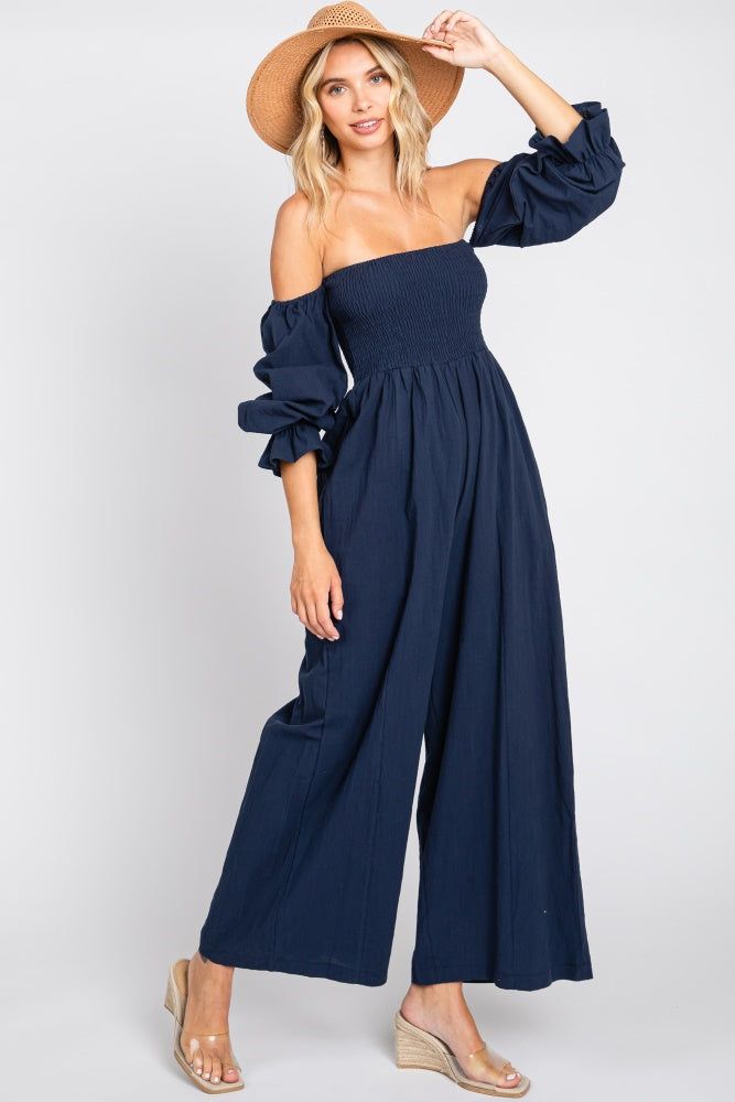Navy Linen Smocked Off Shoulder Wide Leg Jumpsuit sold by Pinkblush product image thumbnail 5