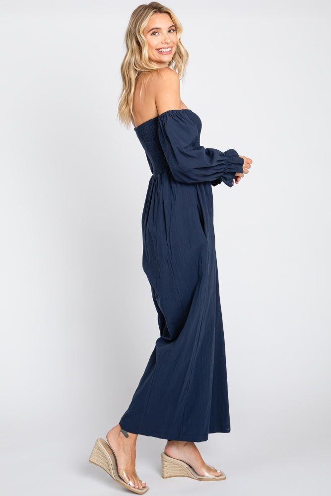 Navy Linen Smocked Off Shoulder Wide Leg Jumpsuit sold by Pinkblush product image thumbnail 2