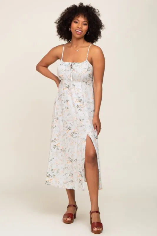 Light Sage Floral Sleeveless Front Tie Side Slit Midi Dress sold by Pinkblush