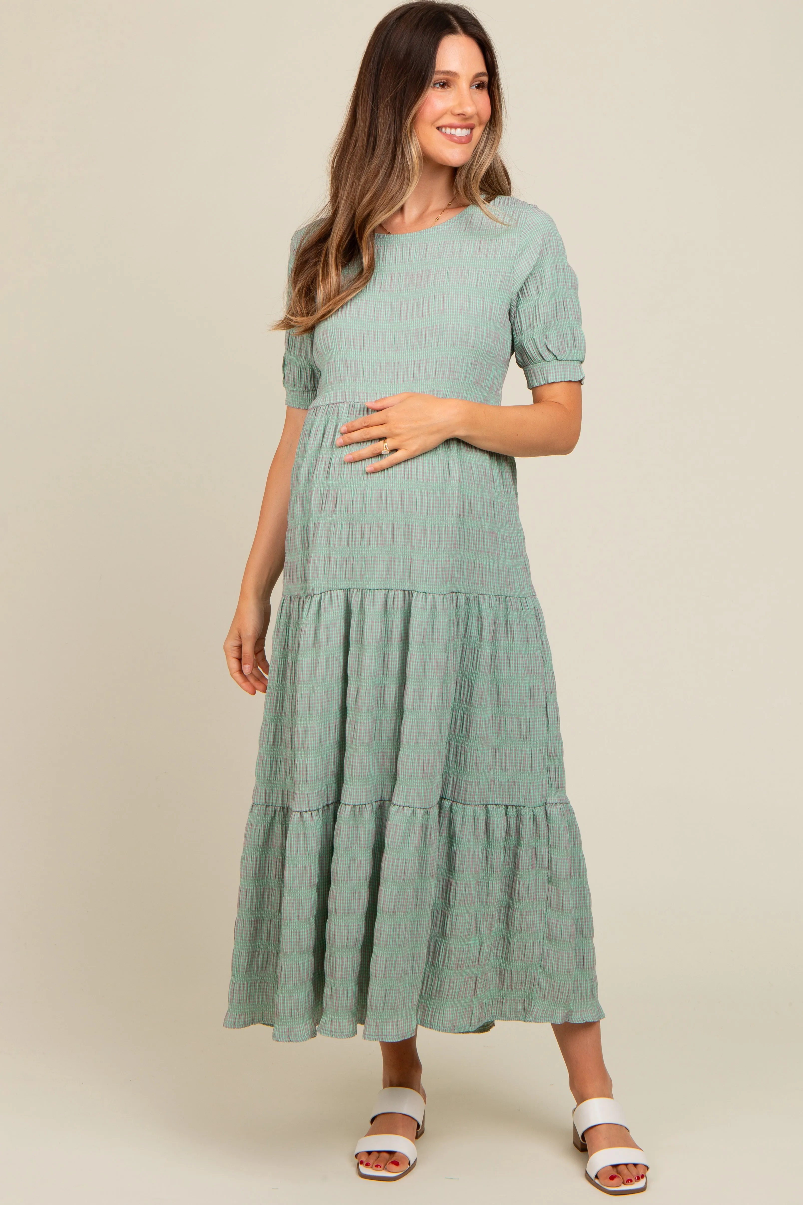 Light Olive Textured Tiered Maternity Maxi Dress sold by Pinkblush product image thumbnail 2