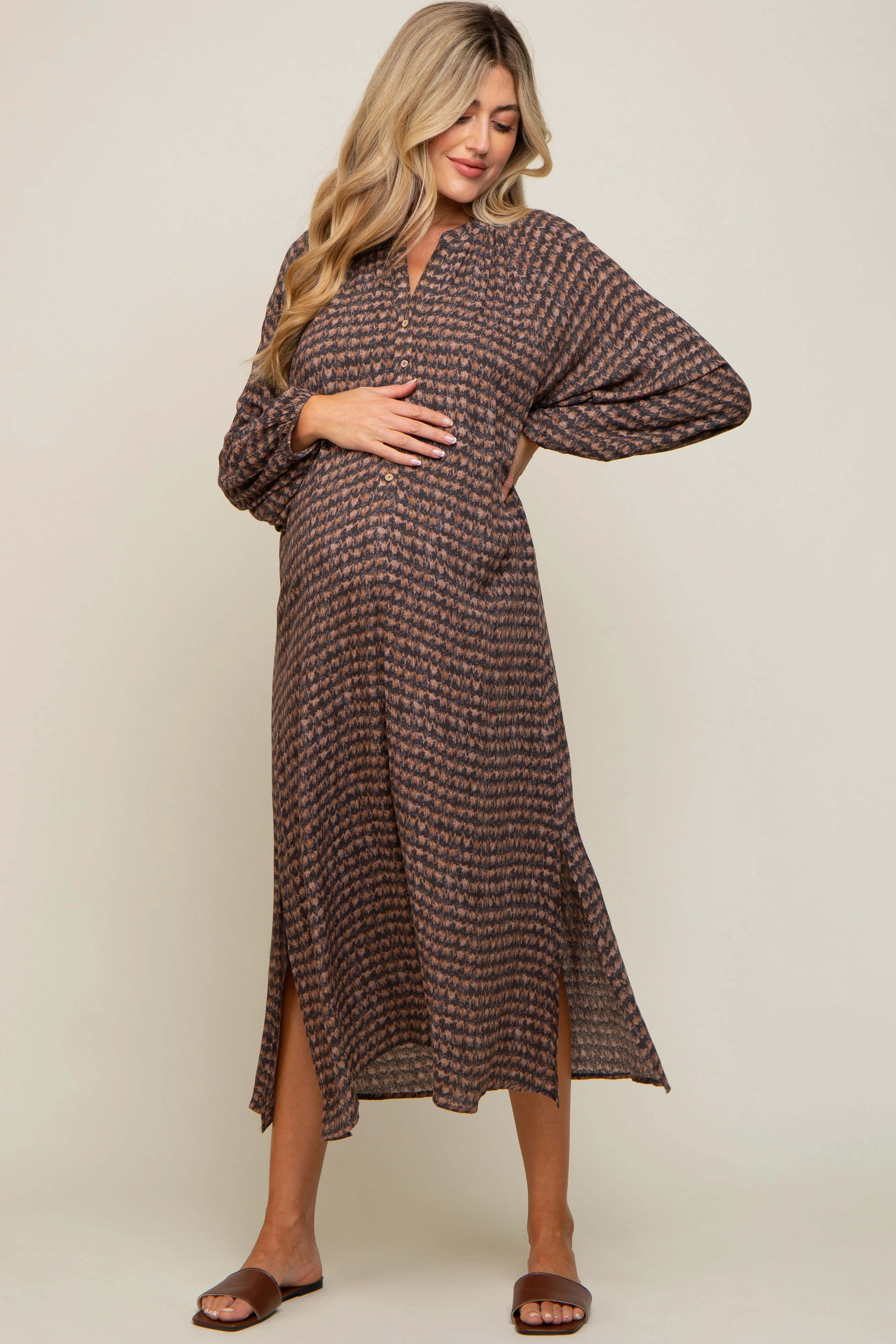 Charcoal Button Down 3/4 Sleeve Maternity Midi Dress sold by Pinkblush