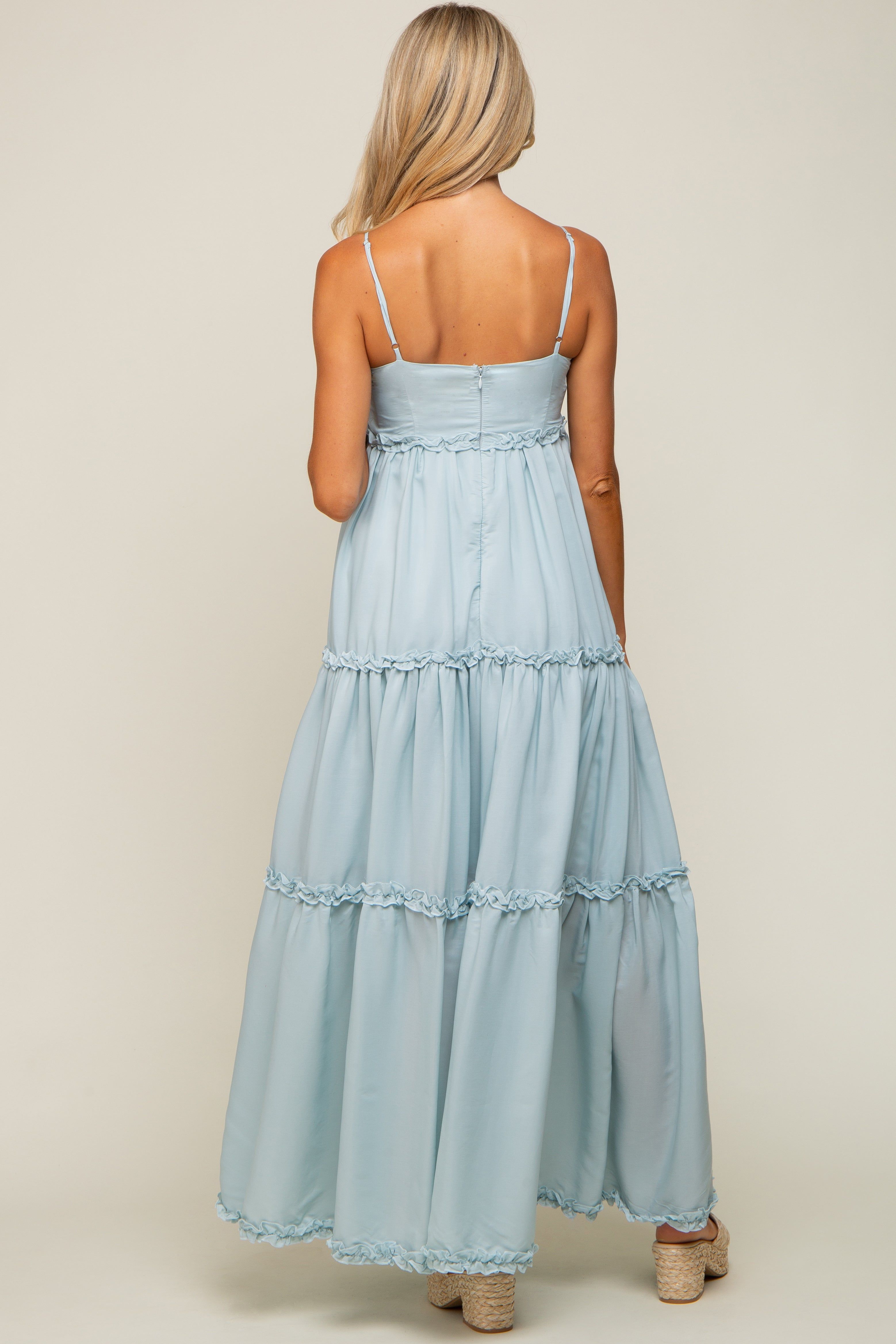 Light Blue Square Neck Ruffle Tiered Maternity Maxi Dress sold by Pinkblush product image thumbnail 3