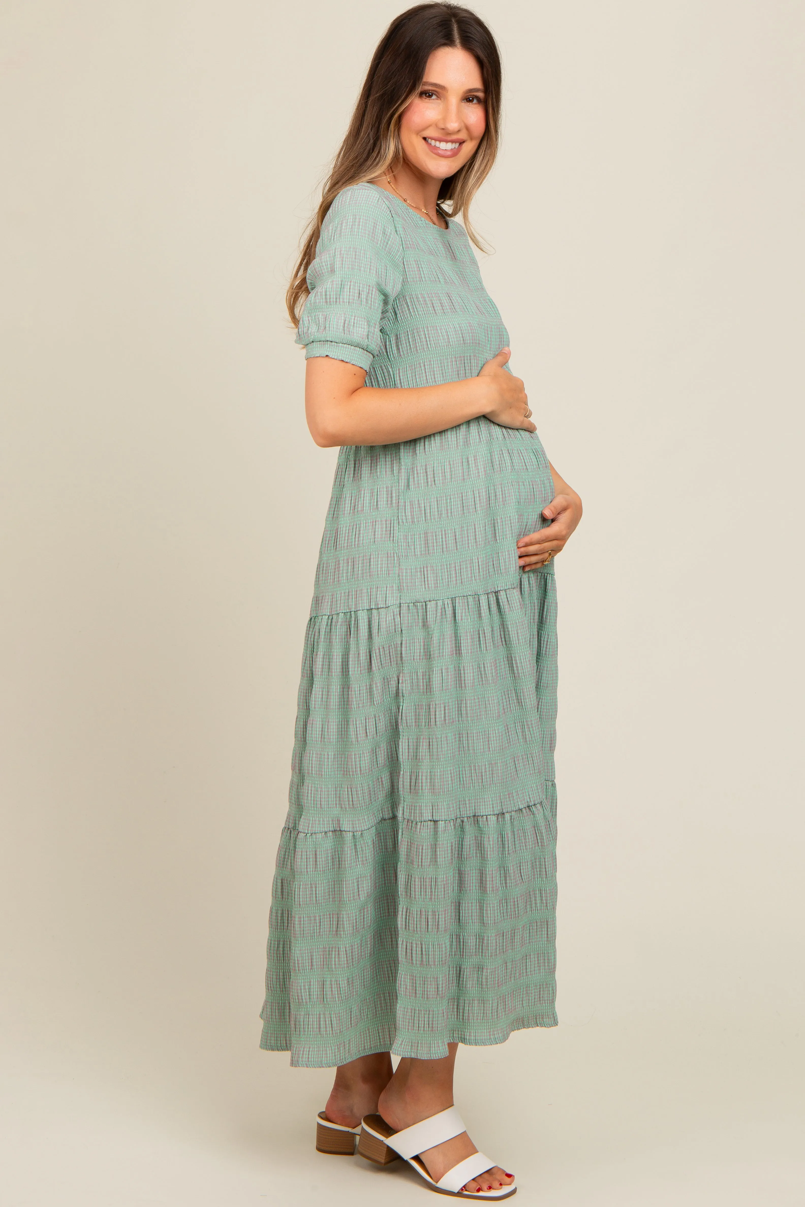 Light Olive Textured Tiered Maternity Maxi Dress sold by Pinkblush product image thumbnail 3