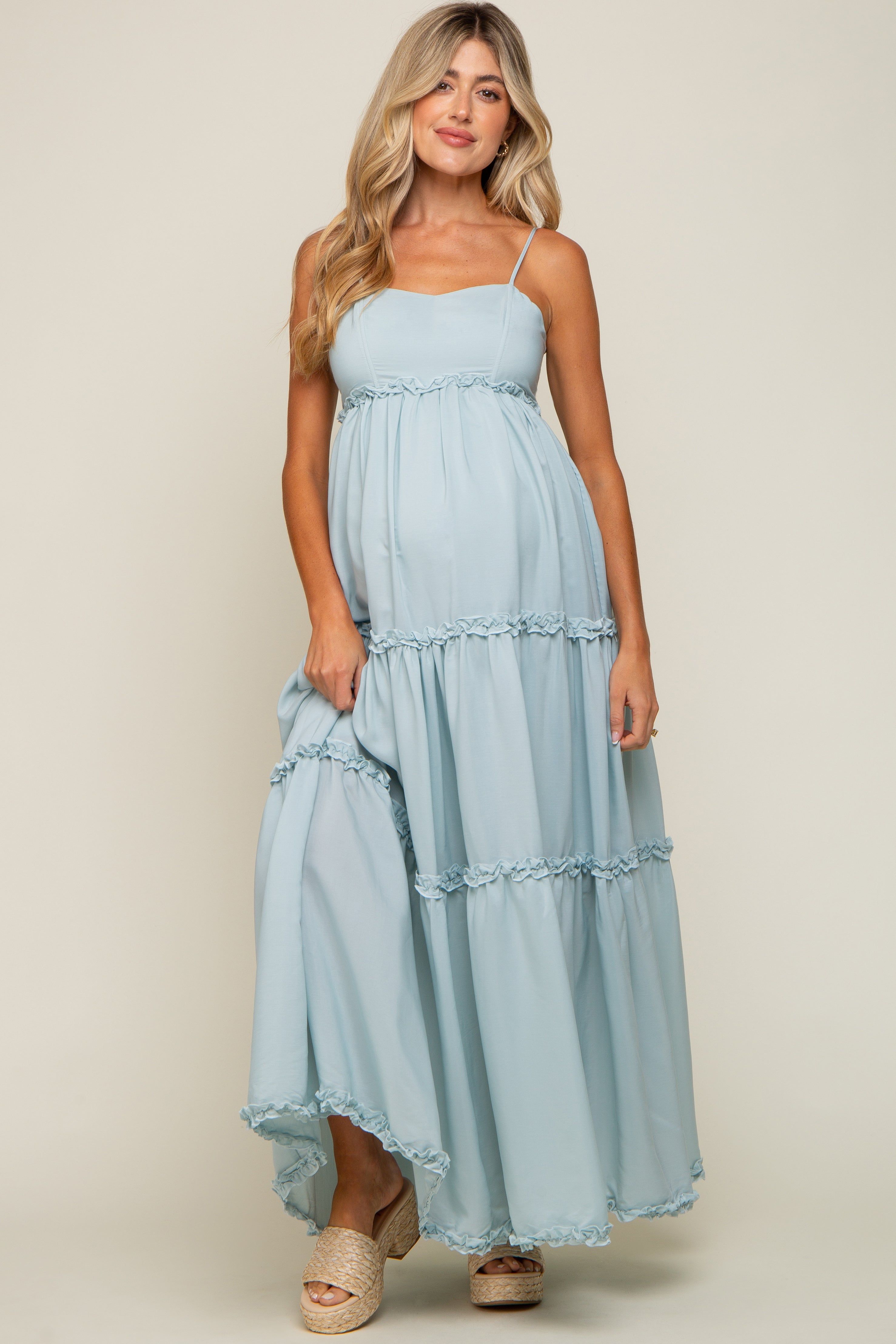 Light Blue Square Neck Ruffle Tiered Maternity Maxi Dress sold by Pinkblush product image thumbnail 4