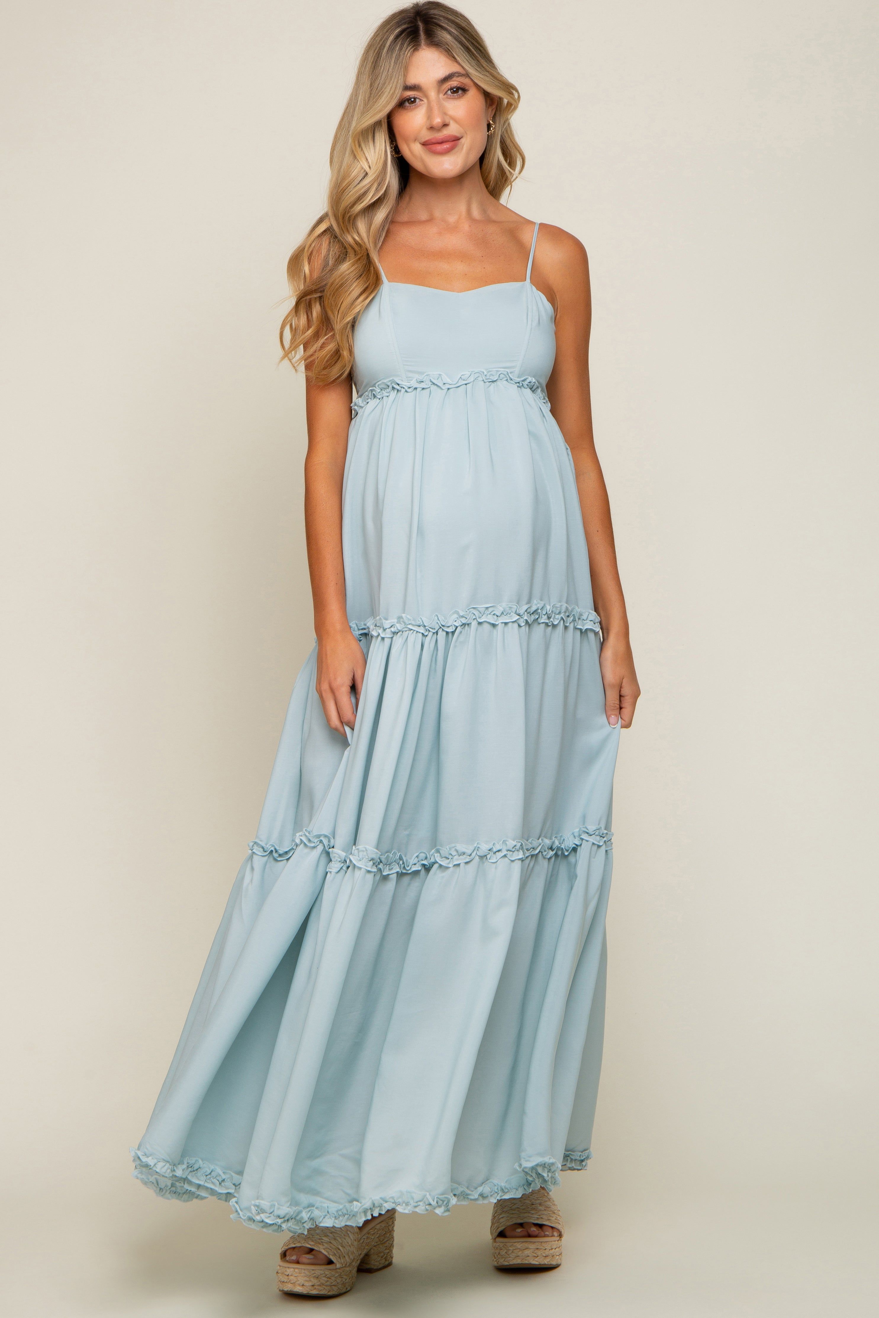 Light Blue Square Neck Ruffle Tiered Maternity Maxi Dress sold by Pinkblush