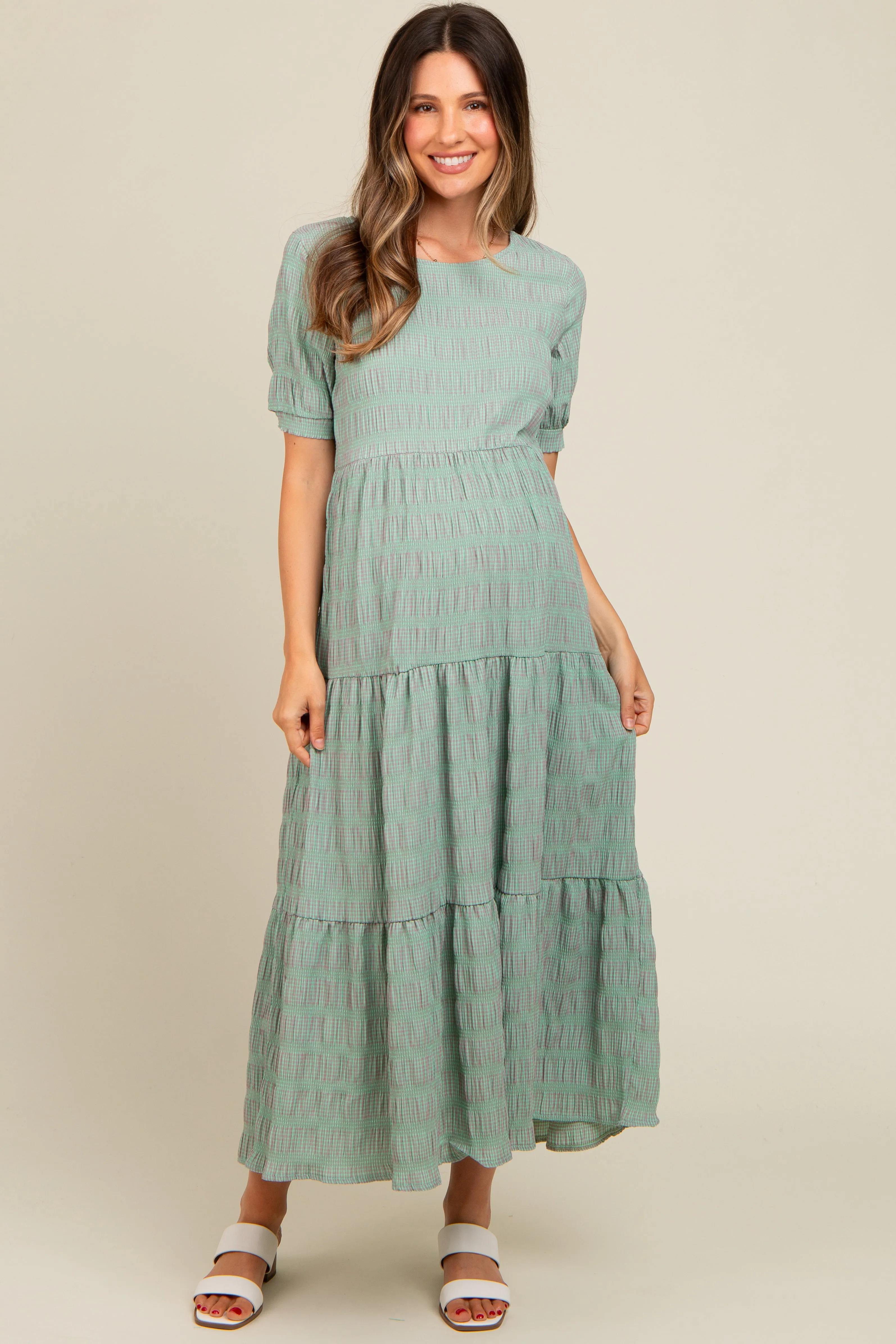 Light Olive Textured Tiered Maternity Maxi Dress sold by Pinkblush