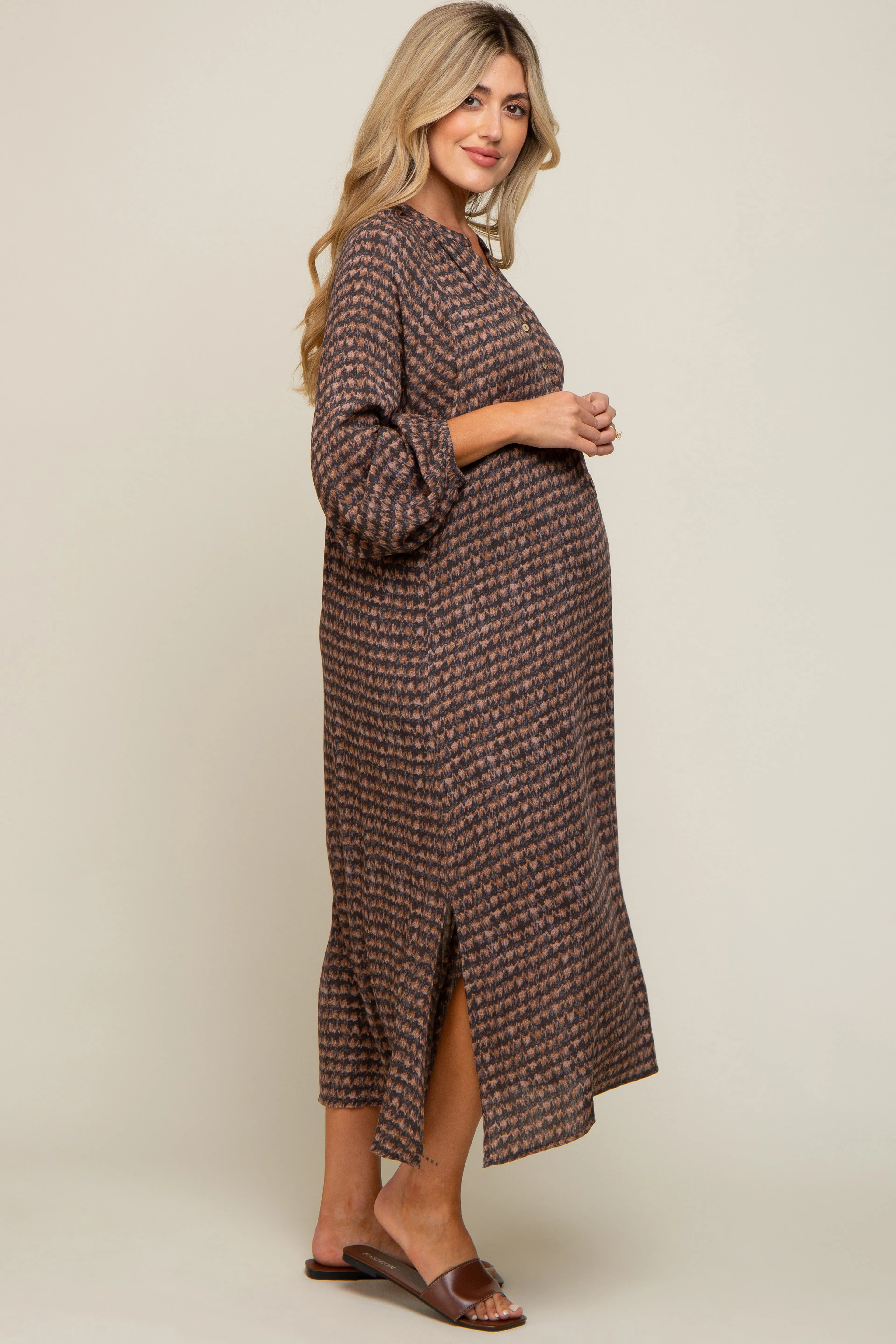 Charcoal Button Down 3/4 Sleeve Maternity Midi Dress sold by Pinkblush product image thumbnail 3