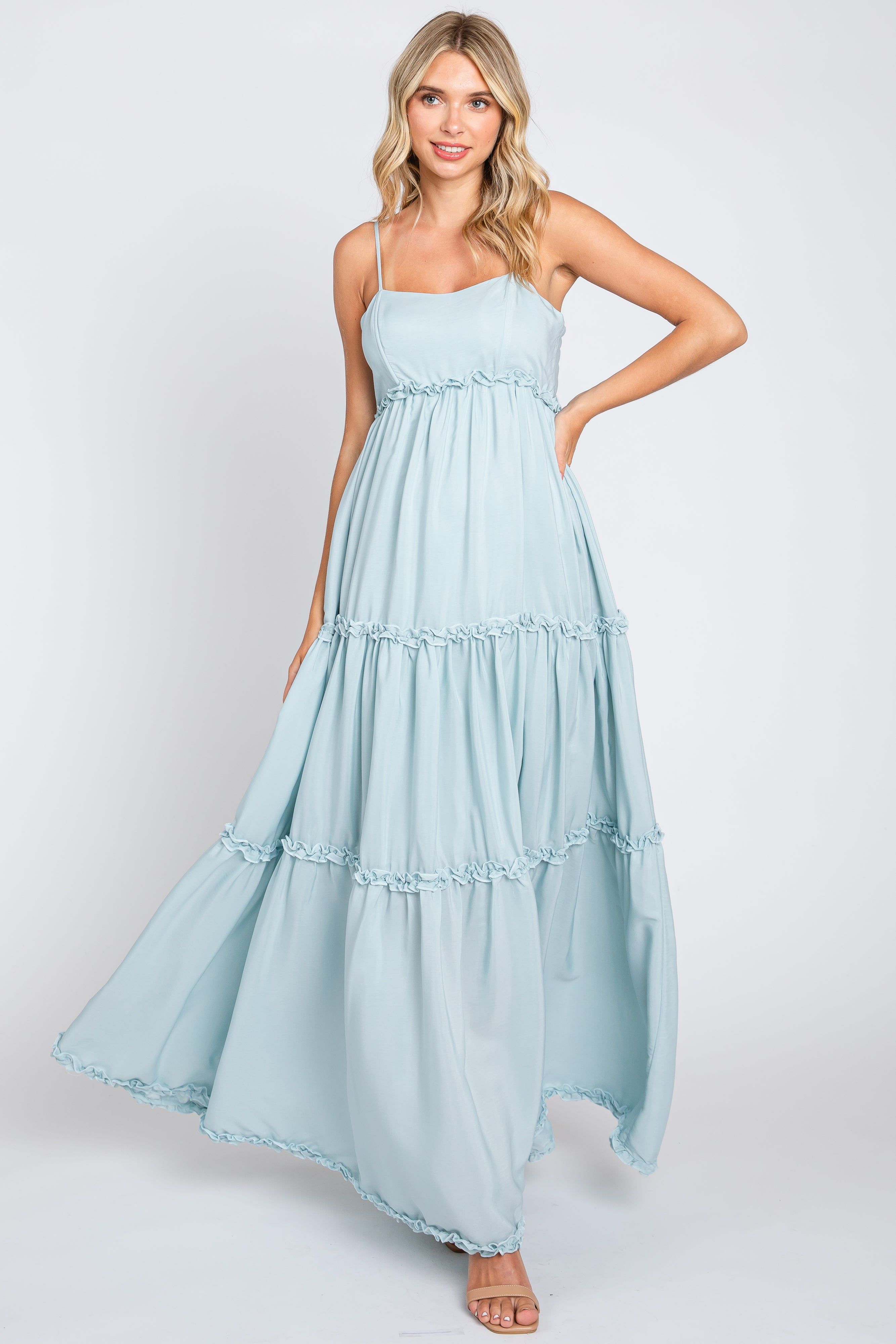 Light Blue Square Neck Ruffle Tiered Maternity Maxi Dress sold by Pinkblush product image thumbnail 5