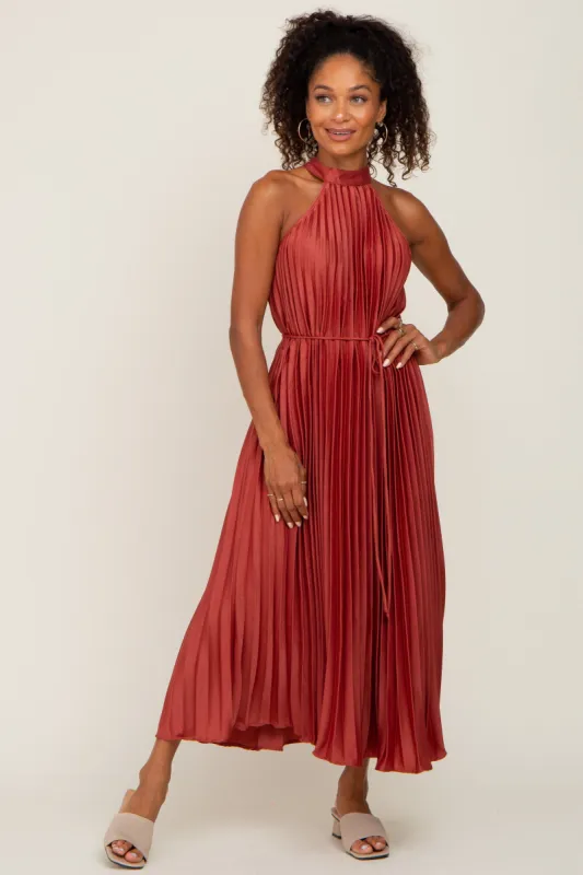 Rust Pleated Halter Dress sold by Pinkblush