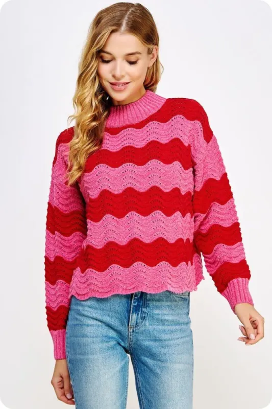 Red Pink Wave Striped Pattern Crochet Knit Sweater sold by Pinkblush