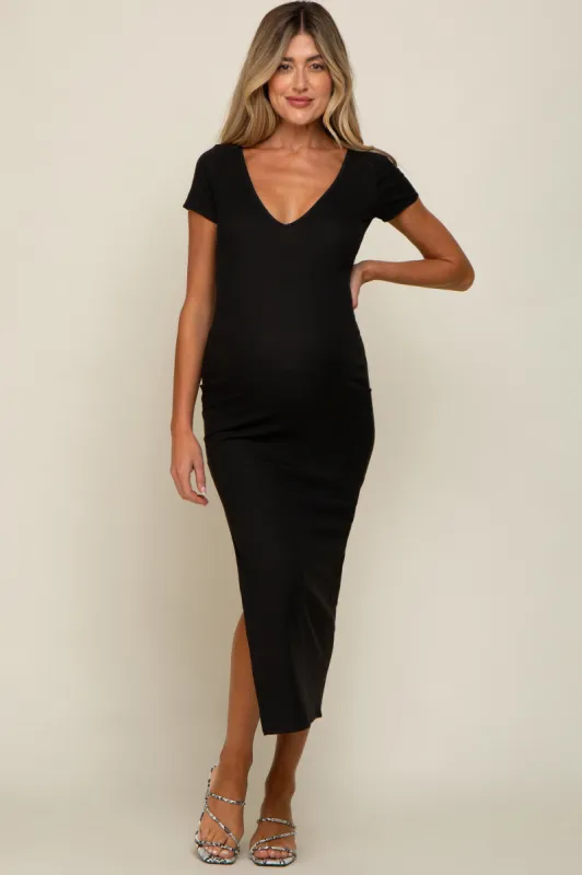 Black Basic Ribbed Side Slit Maternity Midi Dress sold by Pinkblush