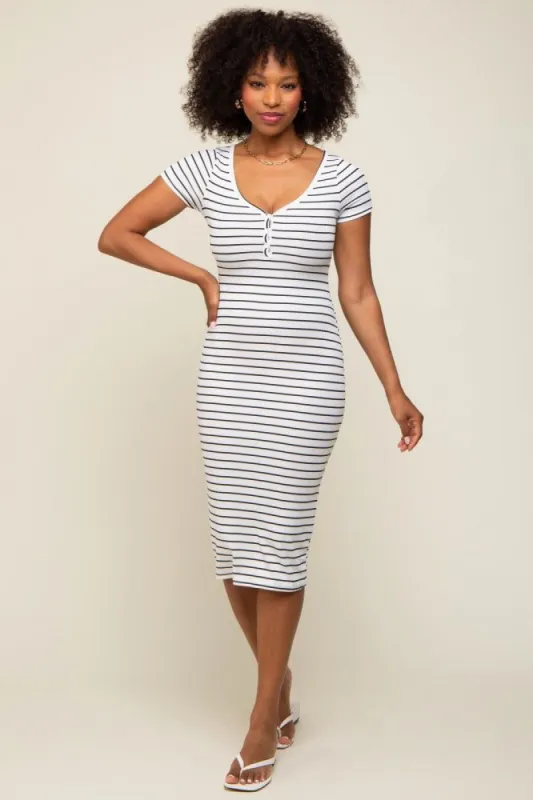 White Striped Ribbed Fitted Midi Dress sold by Pinkblush