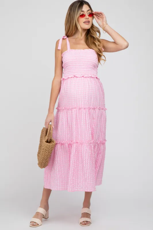 Pink Striped Smocked Shoulder Tie Maternity Midi Dress sold by Pinkblush