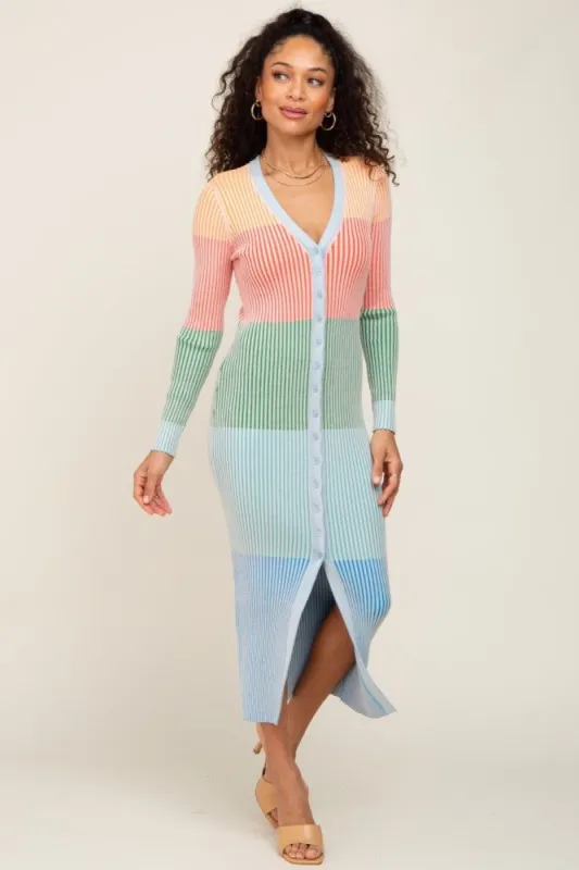 Multi-Color Ribbed Button Front Fitted Midi Dress sold by Pinkblush