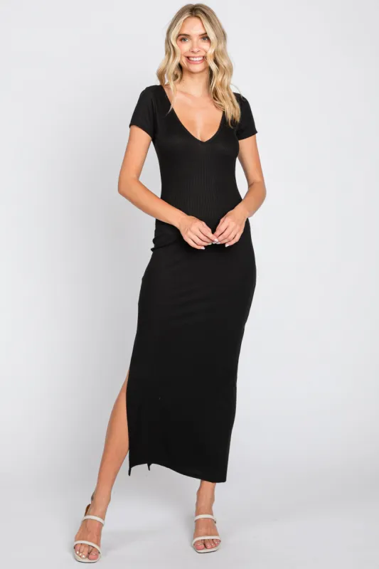 Black Basic Ribbed Side Slit Midi Dress sold by Pinkblush