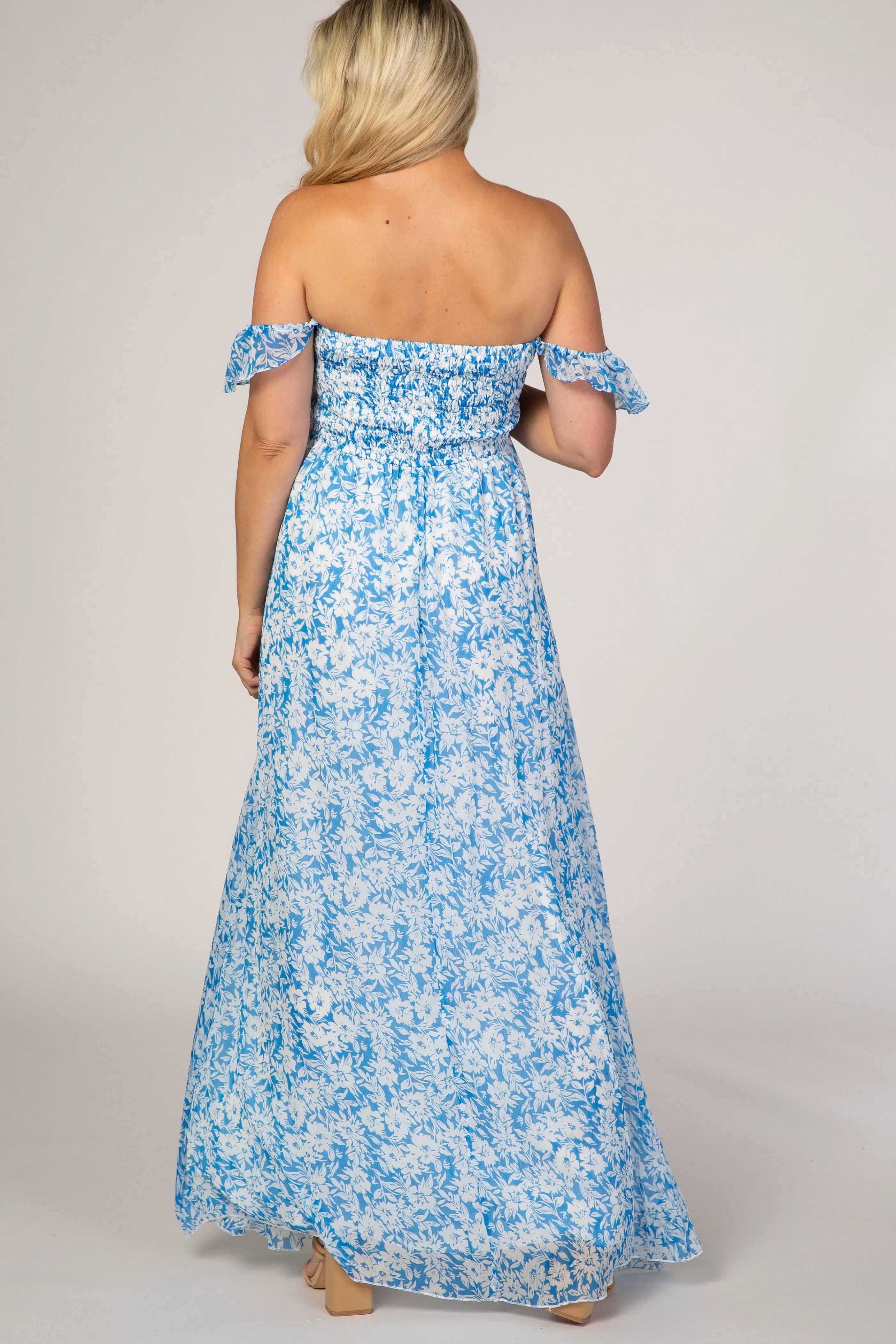 Blue Floral Flutter Sleeve Maternity Maxi Dress sold by Pinkblush product image thumbnail 3