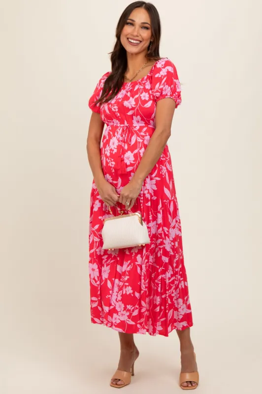 Coral Floral Off Shoulder Puff Sleeve Maternity Midi Dress sold by Pinkblush