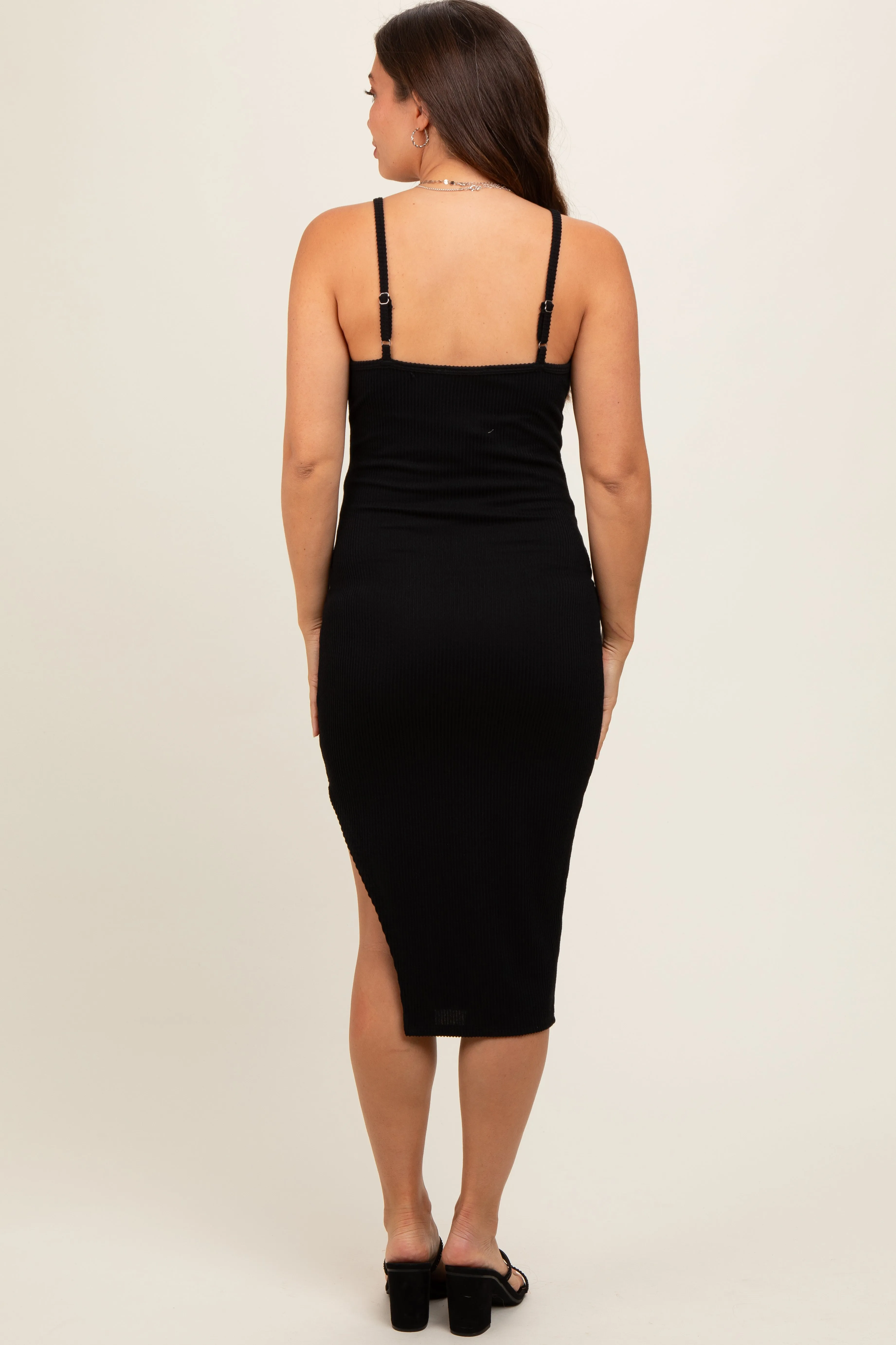 Black Ribbed Side Slit Sleeveless Maternity Midi Dress sold by Pinkblush product image thumbnail 3