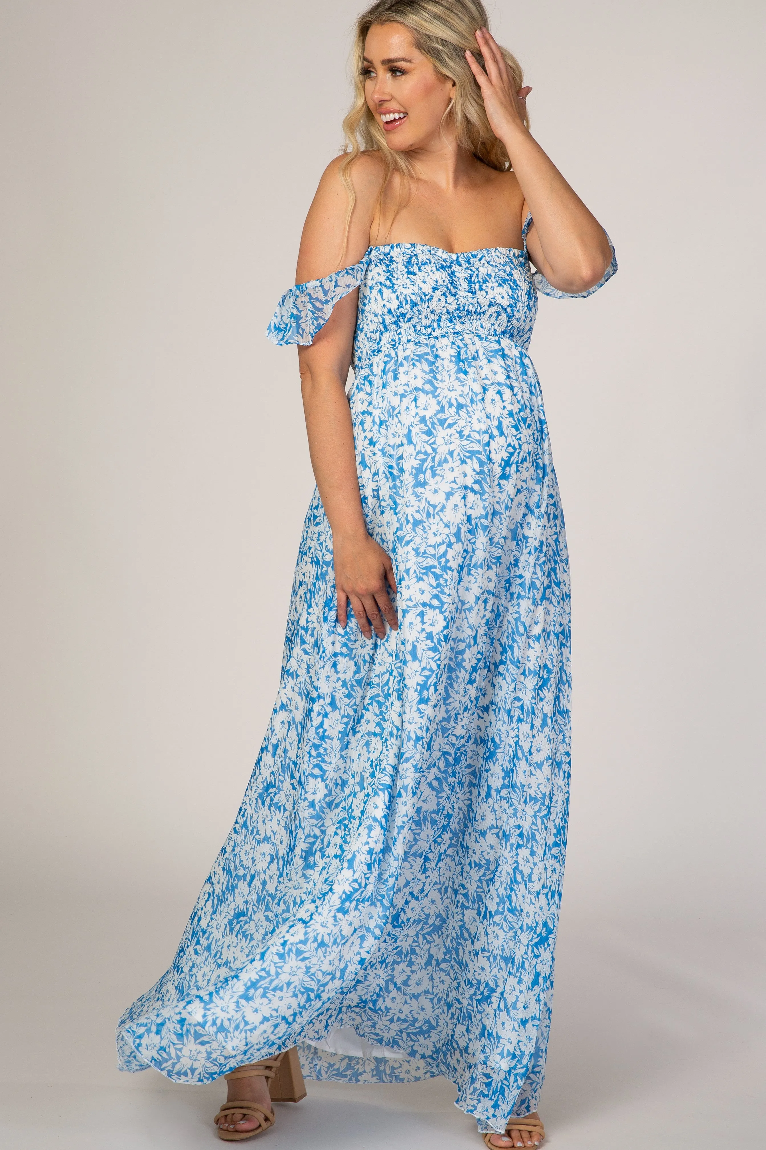 Blue Floral Flutter Sleeve Maternity Maxi Dress sold by Pinkblush product image thumbnail 4