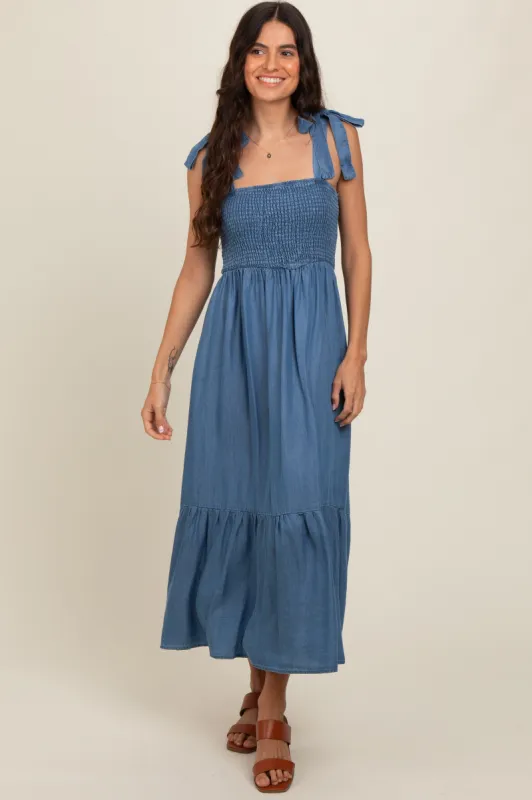 Blue Chambray Smocked Square Neck Shoulder Tie Midi Dress sold by Pinkblush
