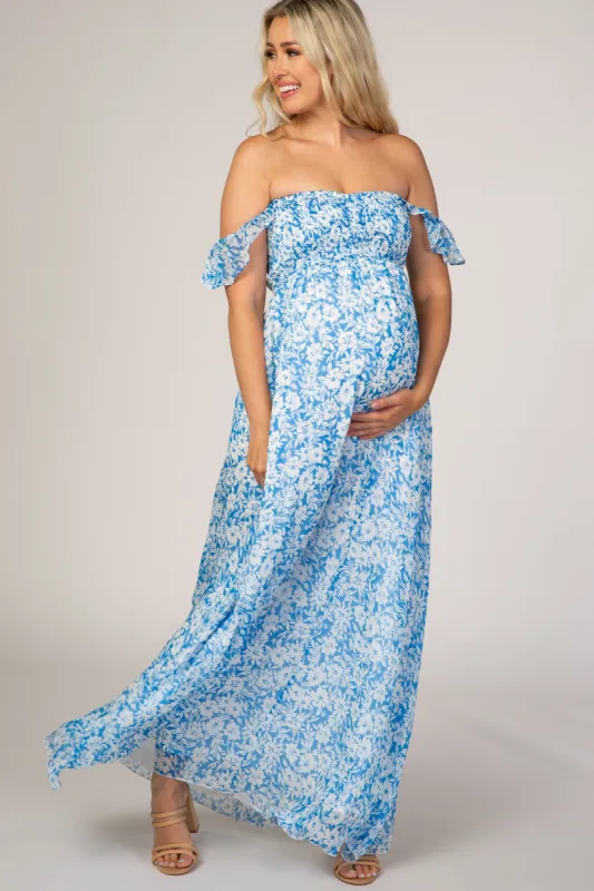 Blue Floral Flutter Sleeve Maternity Maxi Dress sold by Pinkblush