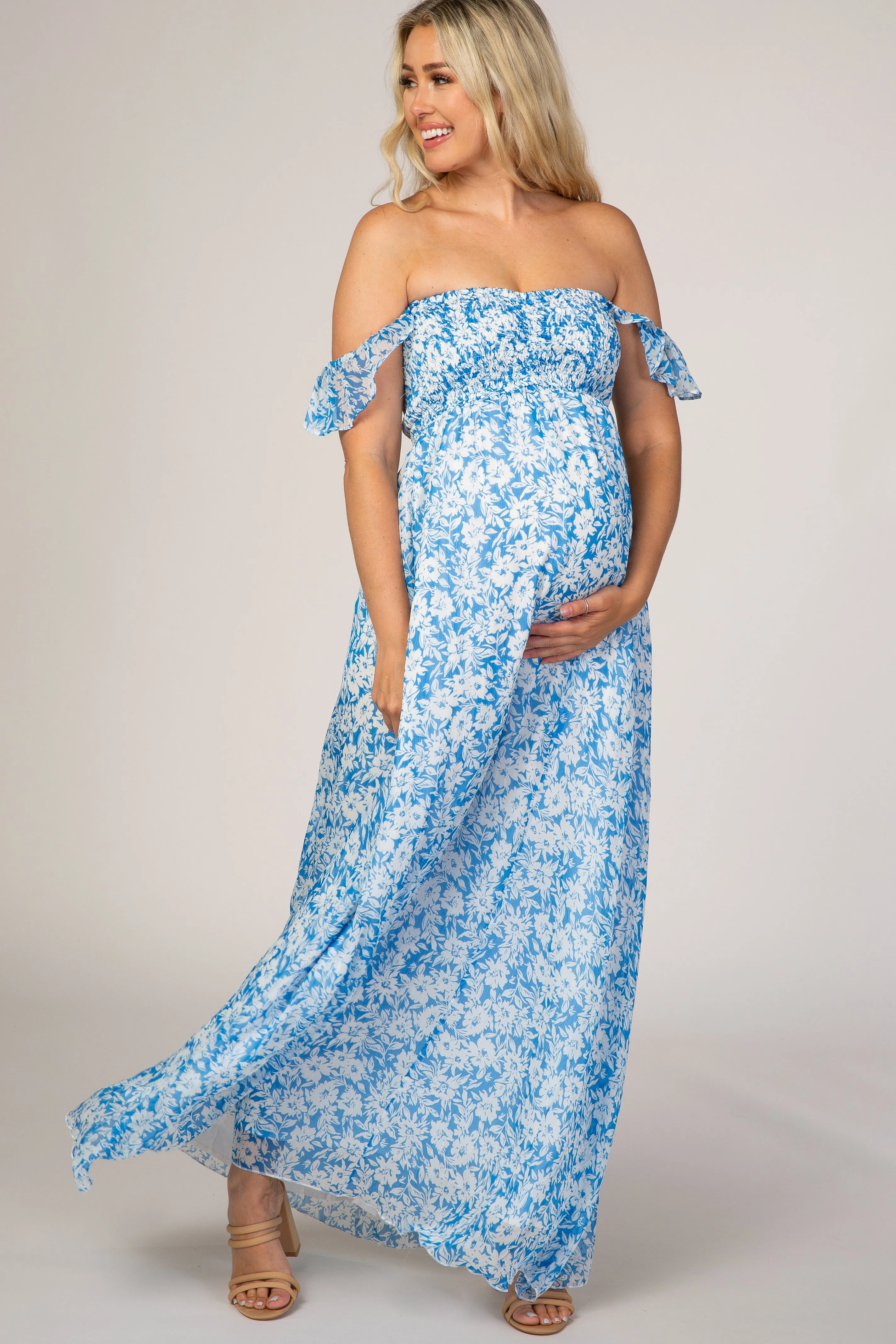Blue Floral Flutter Sleeve Maternity Maxi Dress sold by Pinkblush