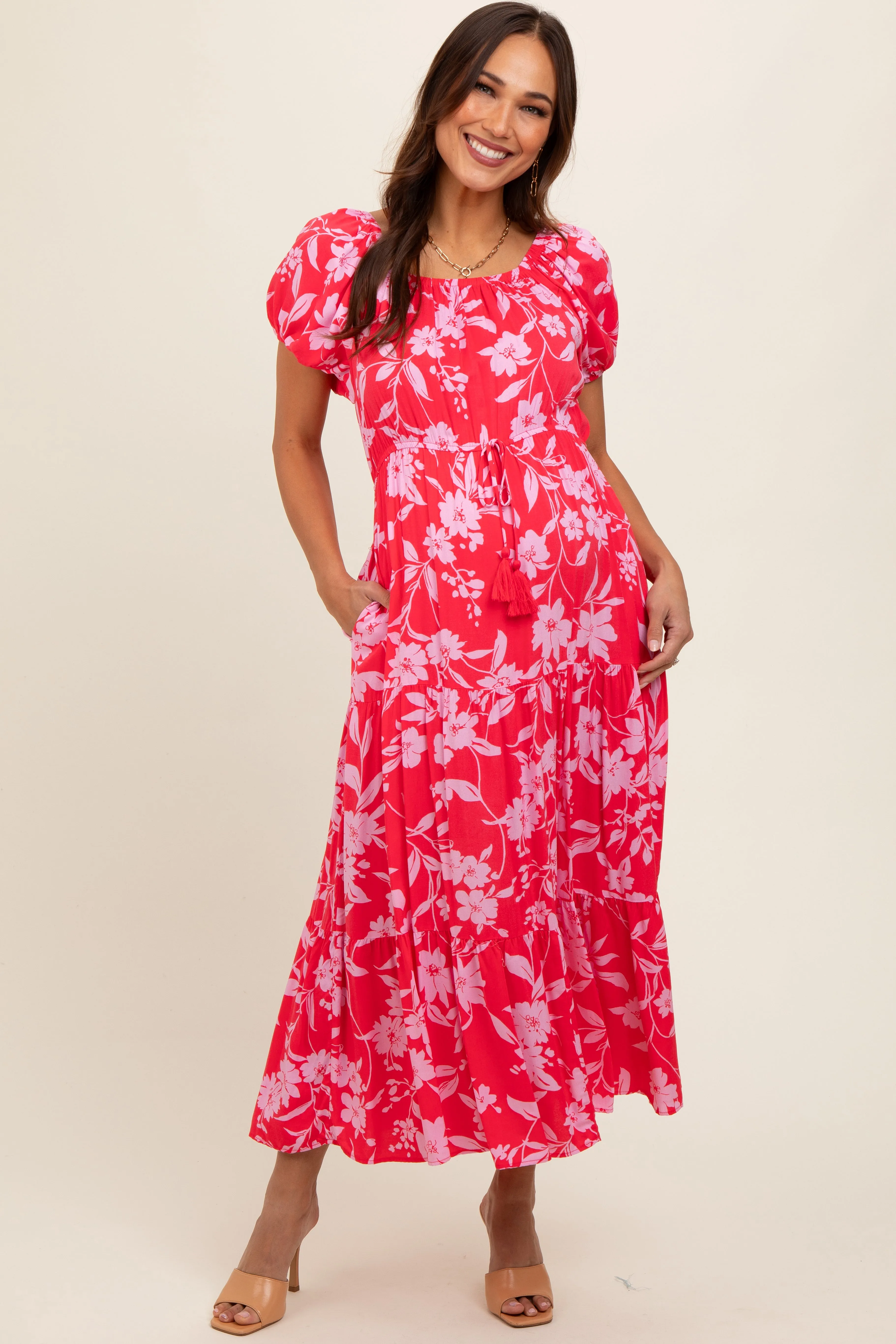 Coral Floral Off Shoulder Puff Sleeve Maternity Midi Dress sold by Pinkblush product image thumbnail 2